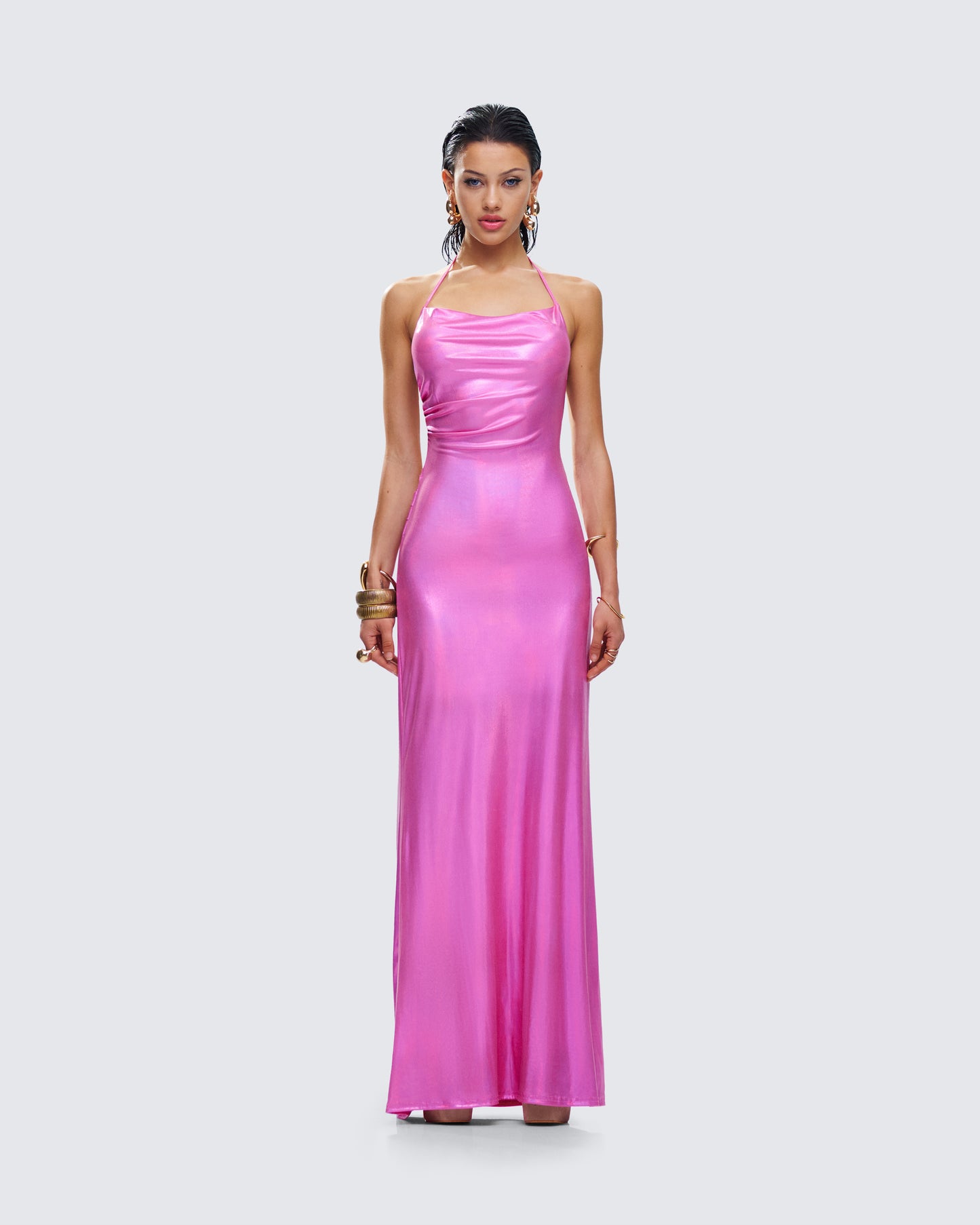 Koa Pink Metallic Gown model front