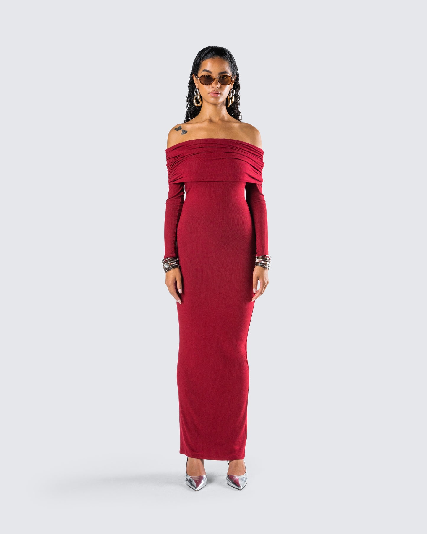 Kyan Burgundy Off Shoulder Maxi Dress model front