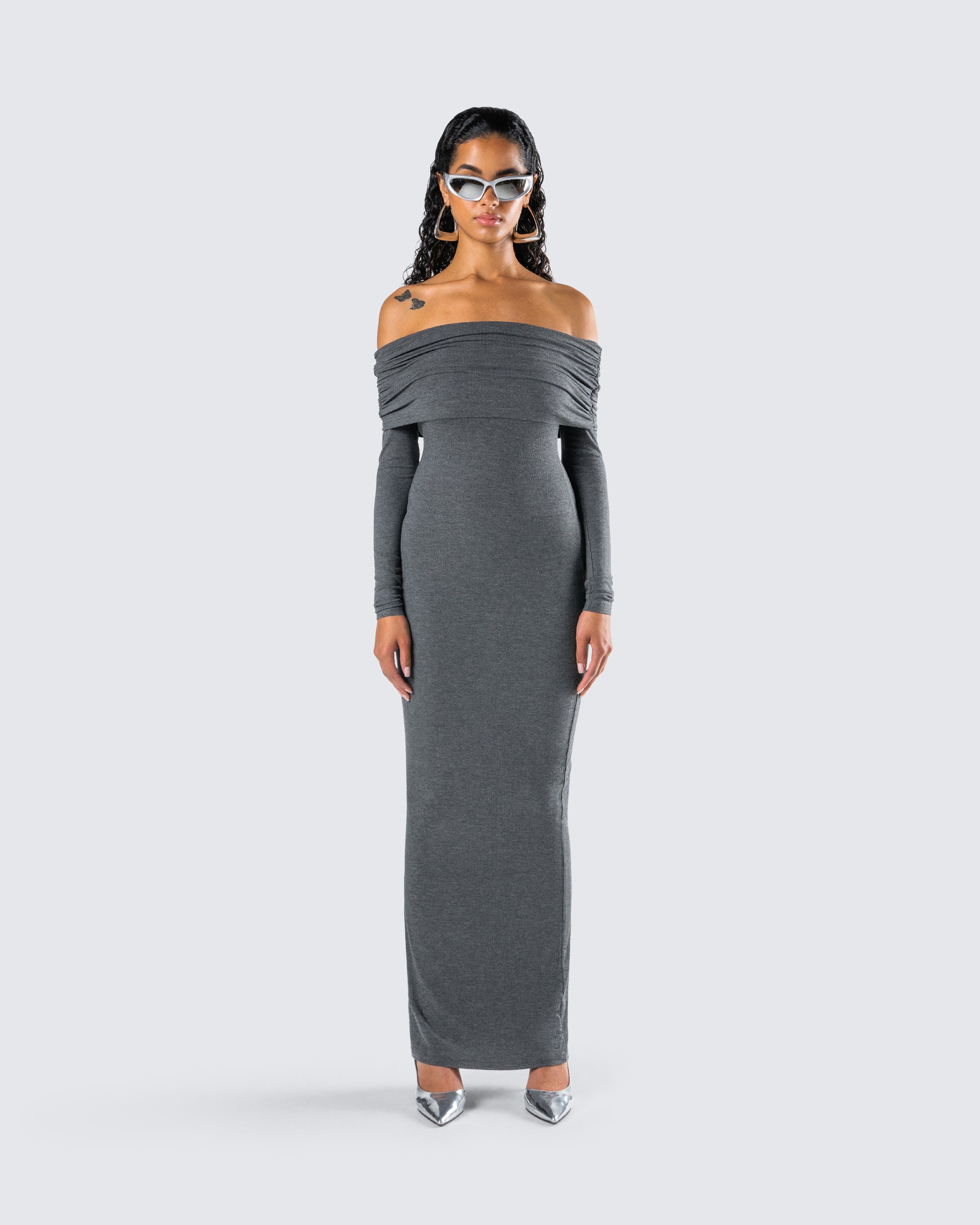 Kyan Charcoal Off Shoulder Maxi Dress model front