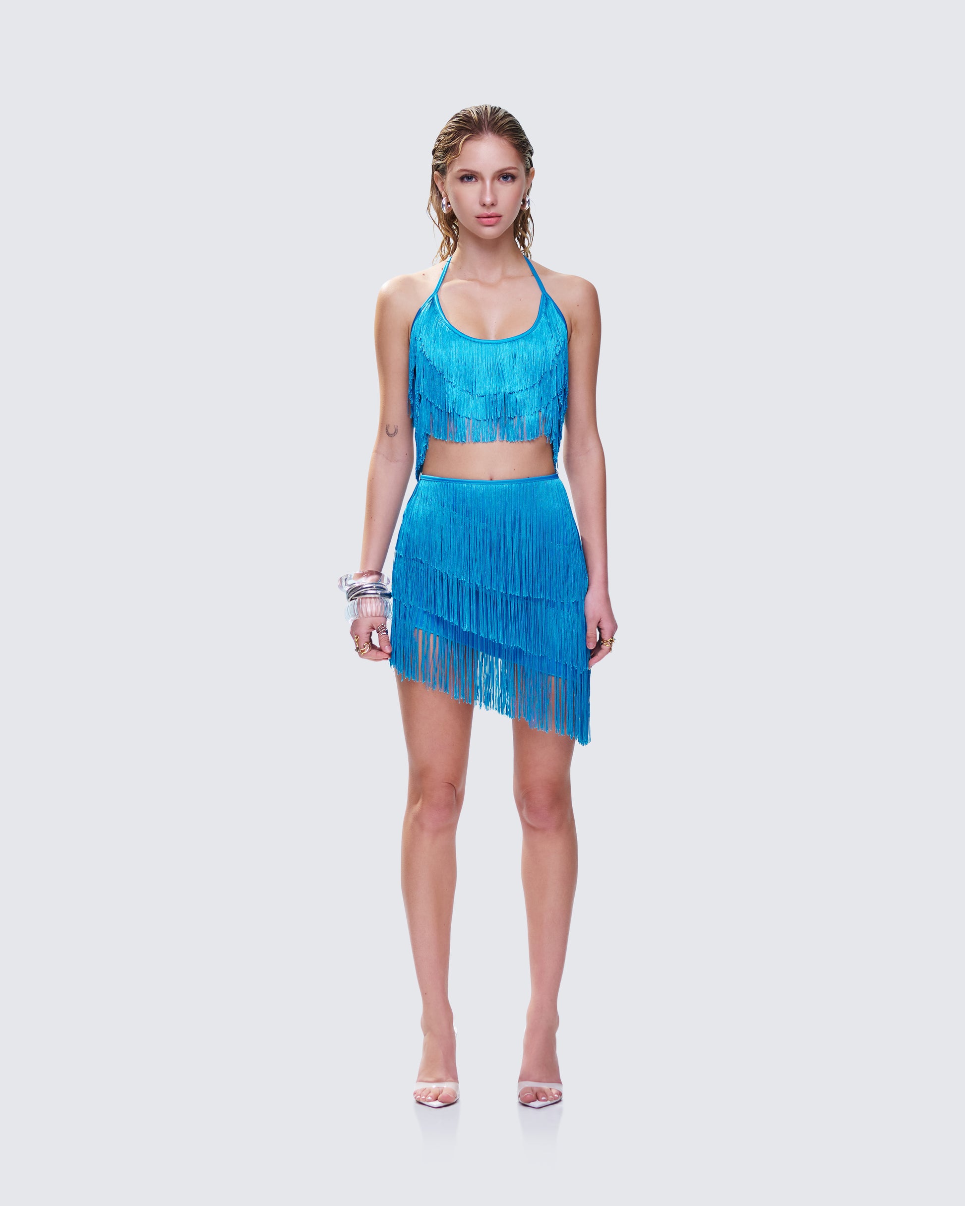 Laleh Teal Fringe Set model front