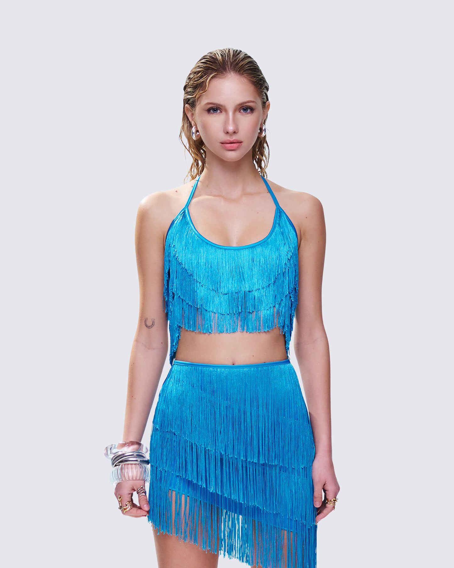 Laleh Teal Fringe Top model front