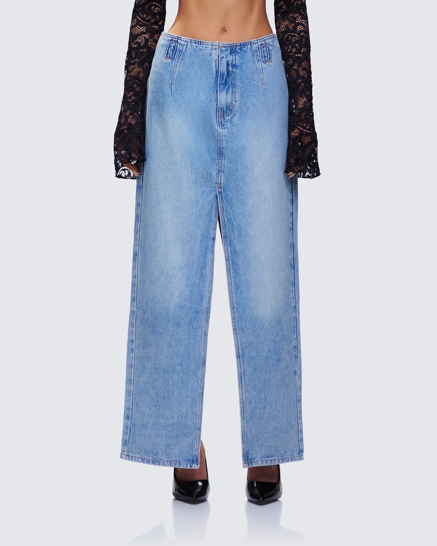 Lamia Denim Center Slit Maxi Skirt model front