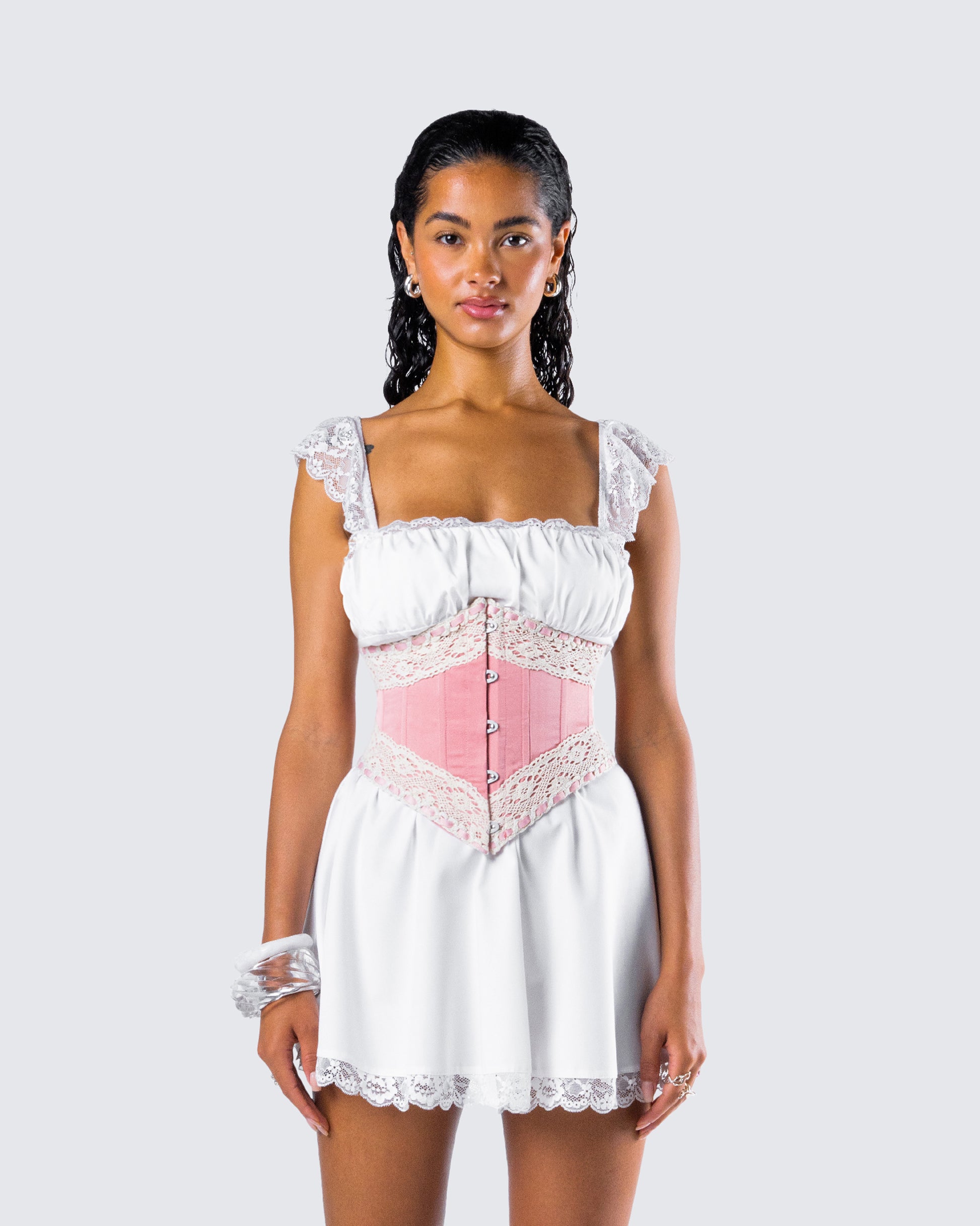 Latto Pink Satin Corset Top model front