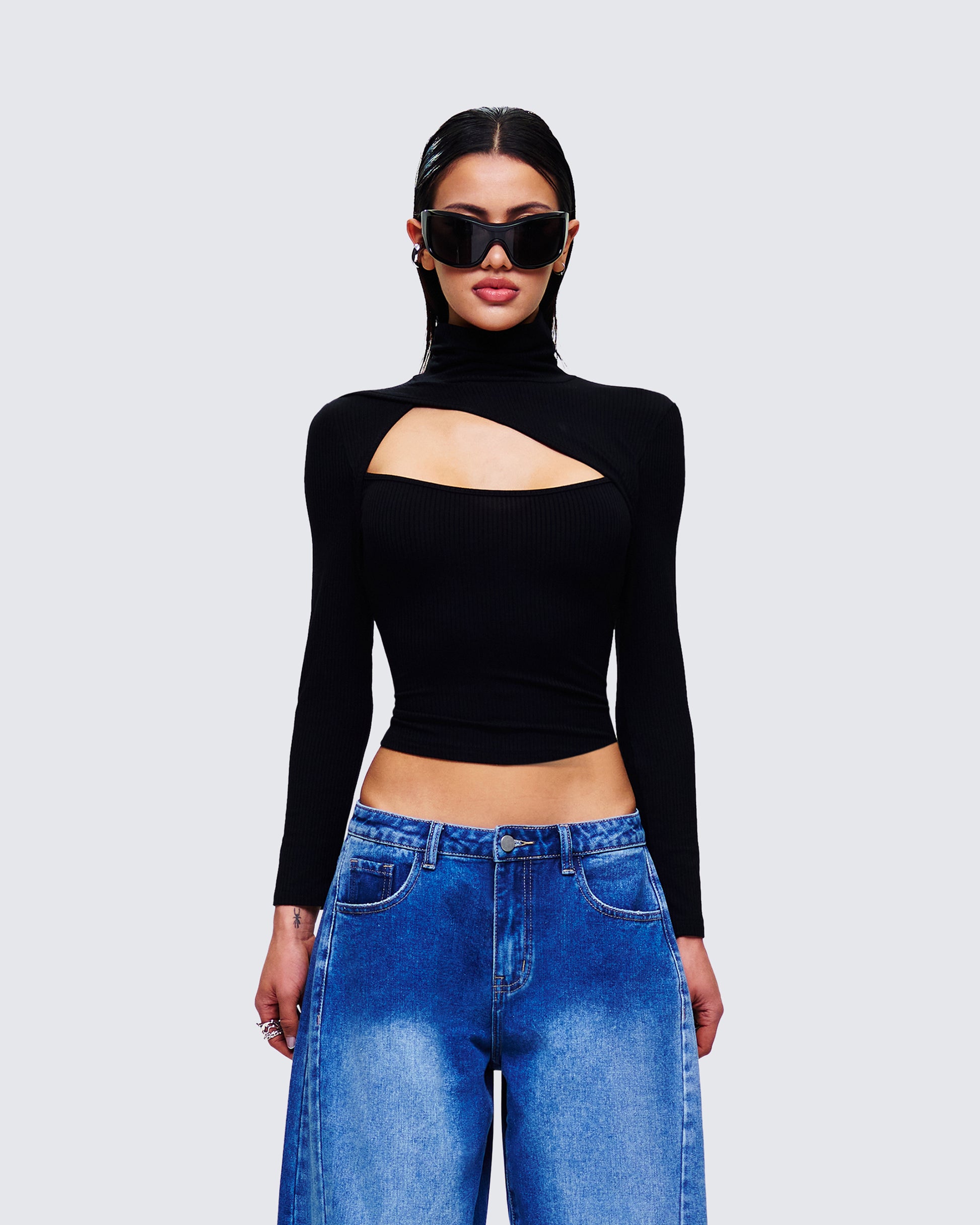Laurie Black Asymmetrical Rib Top model front