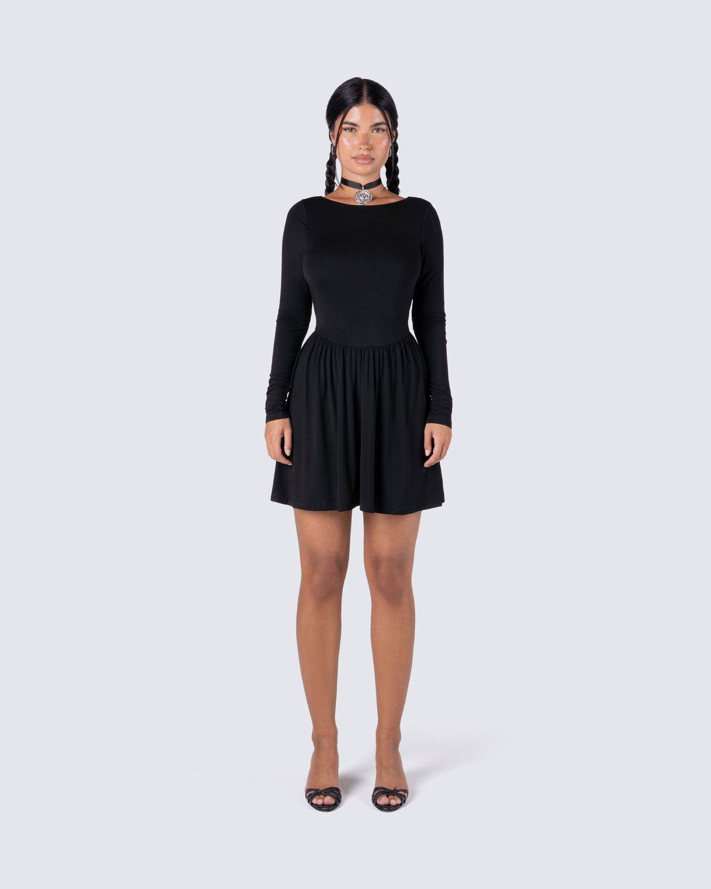 Leen Black Low Back Mini Dress model front