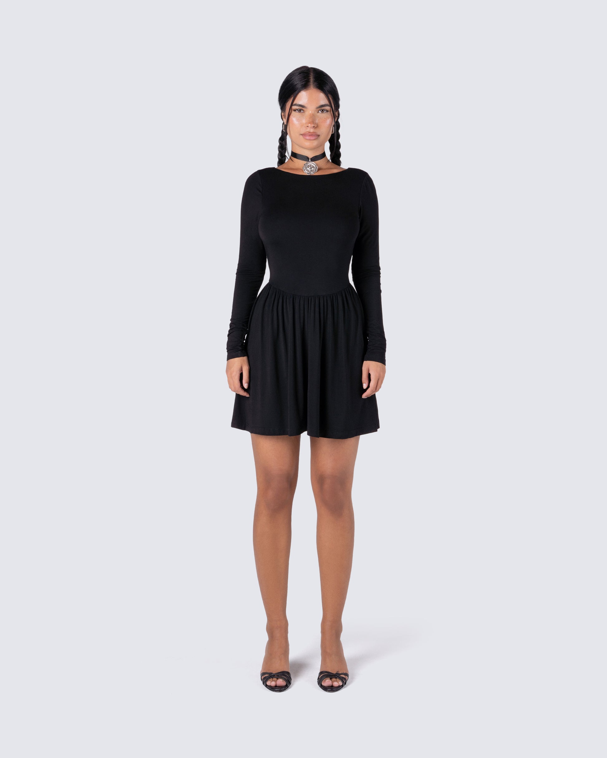 Leen Black Low Back Mini Dress model front