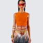 Leona Orange Mesh Asymmetrical Top model front