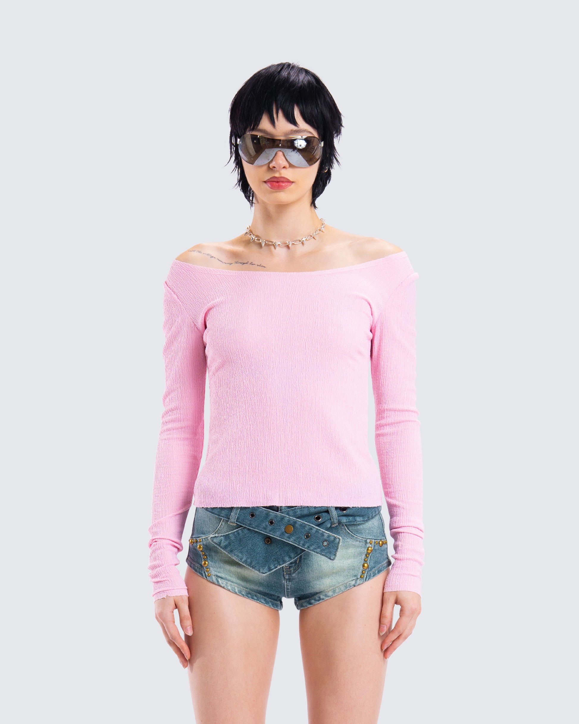 Leslie Pink Off Shoulder Top model front