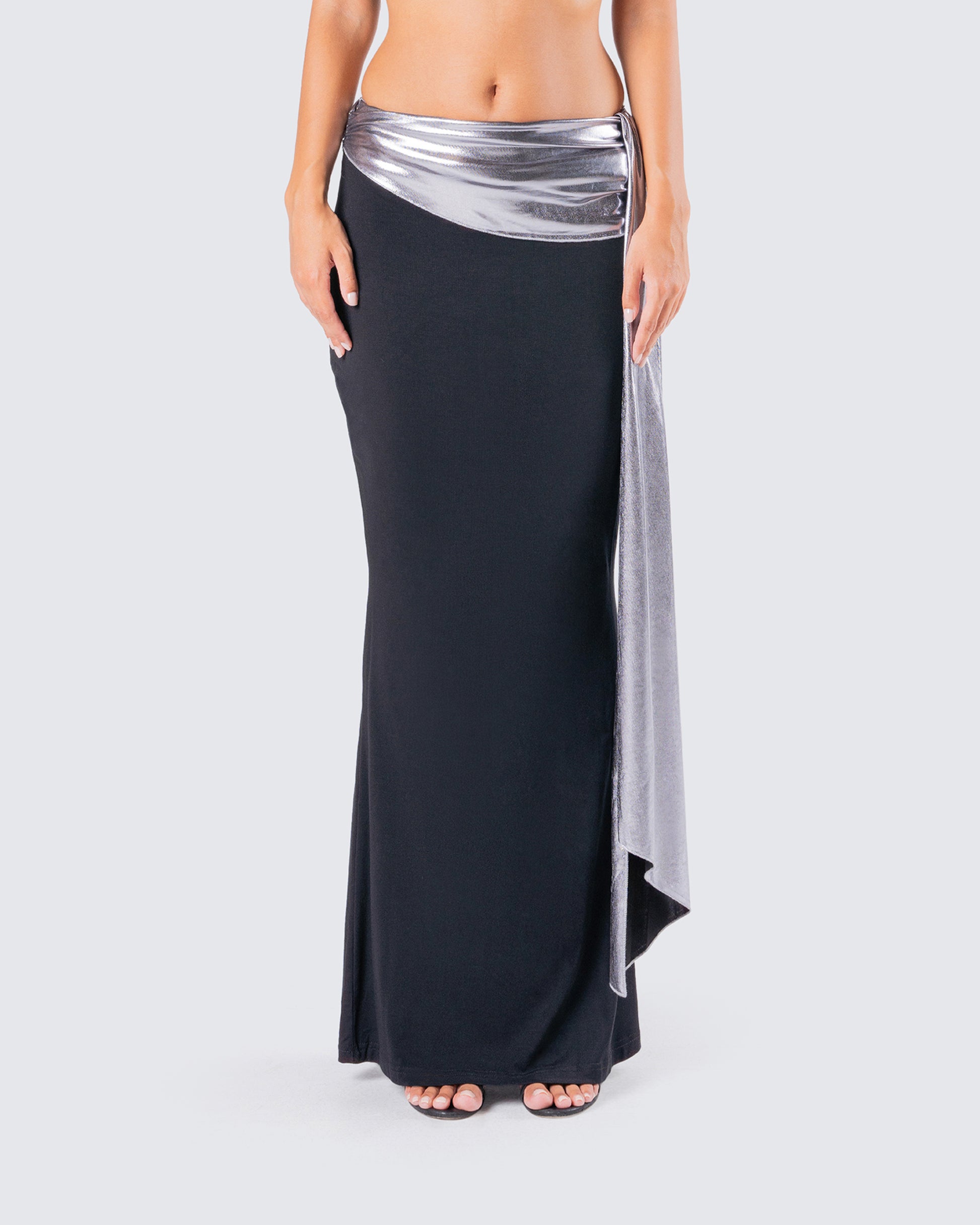 Leylany Black Draped Maxi Skirt model front