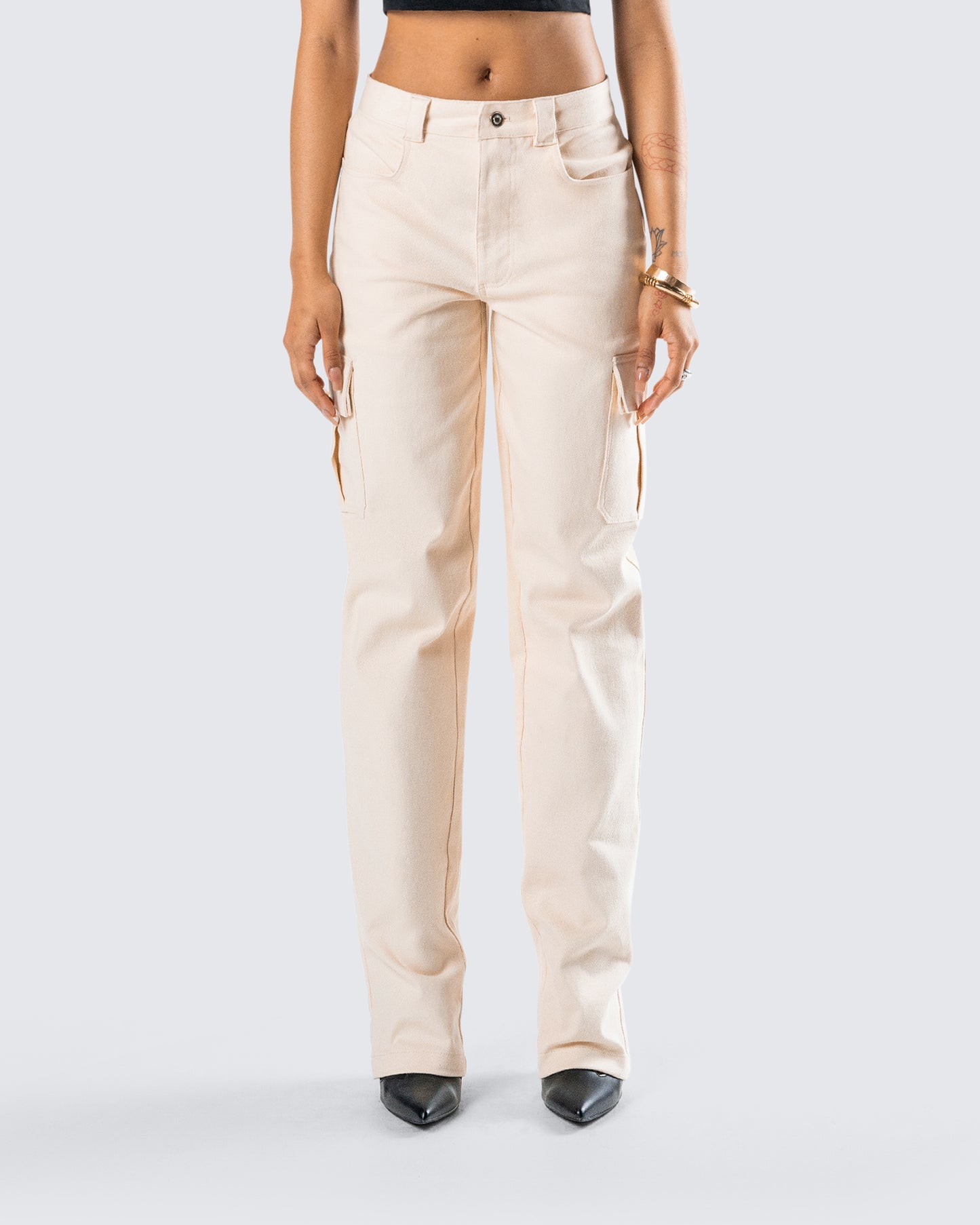 Liliana Beige Twill Cargo Pant model front