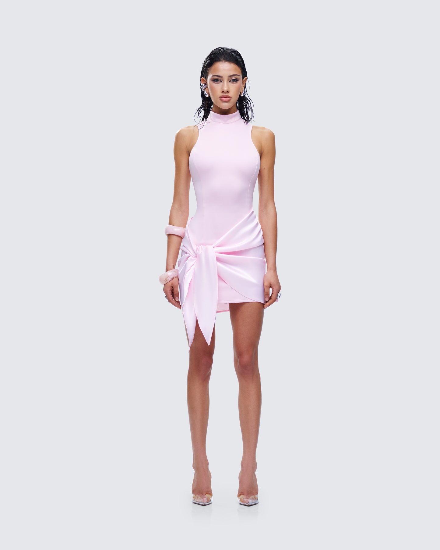 Lindsey Pink Wrap Mini Dress model front