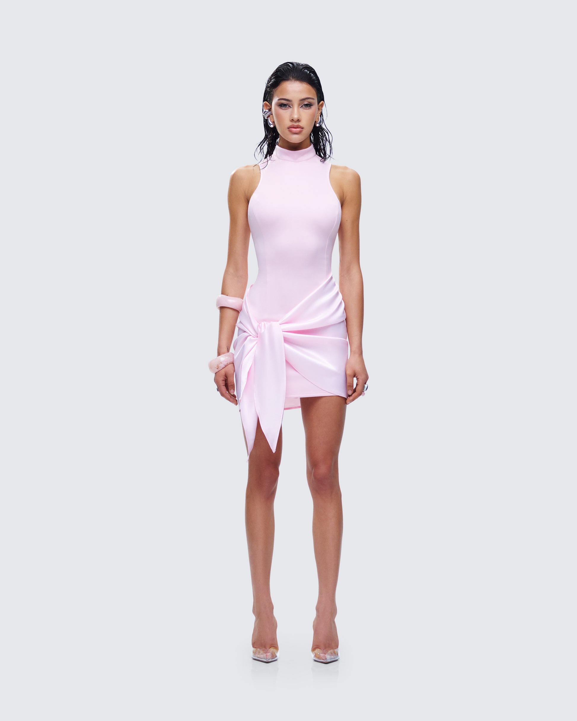 Lindsey Pink Wrap Mini Dress model front