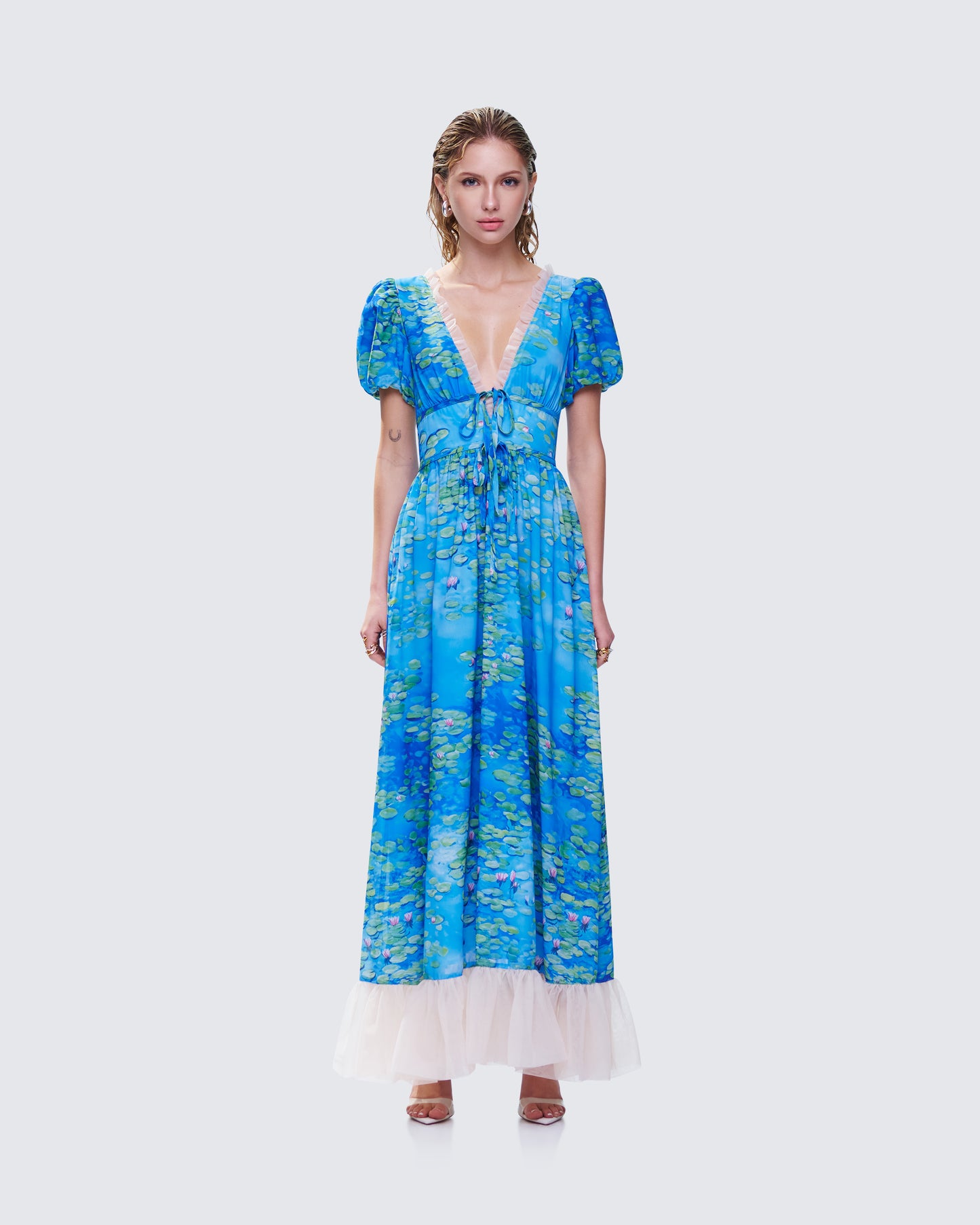 Loire Blue Water Lilies Print Maxi Dress model front
