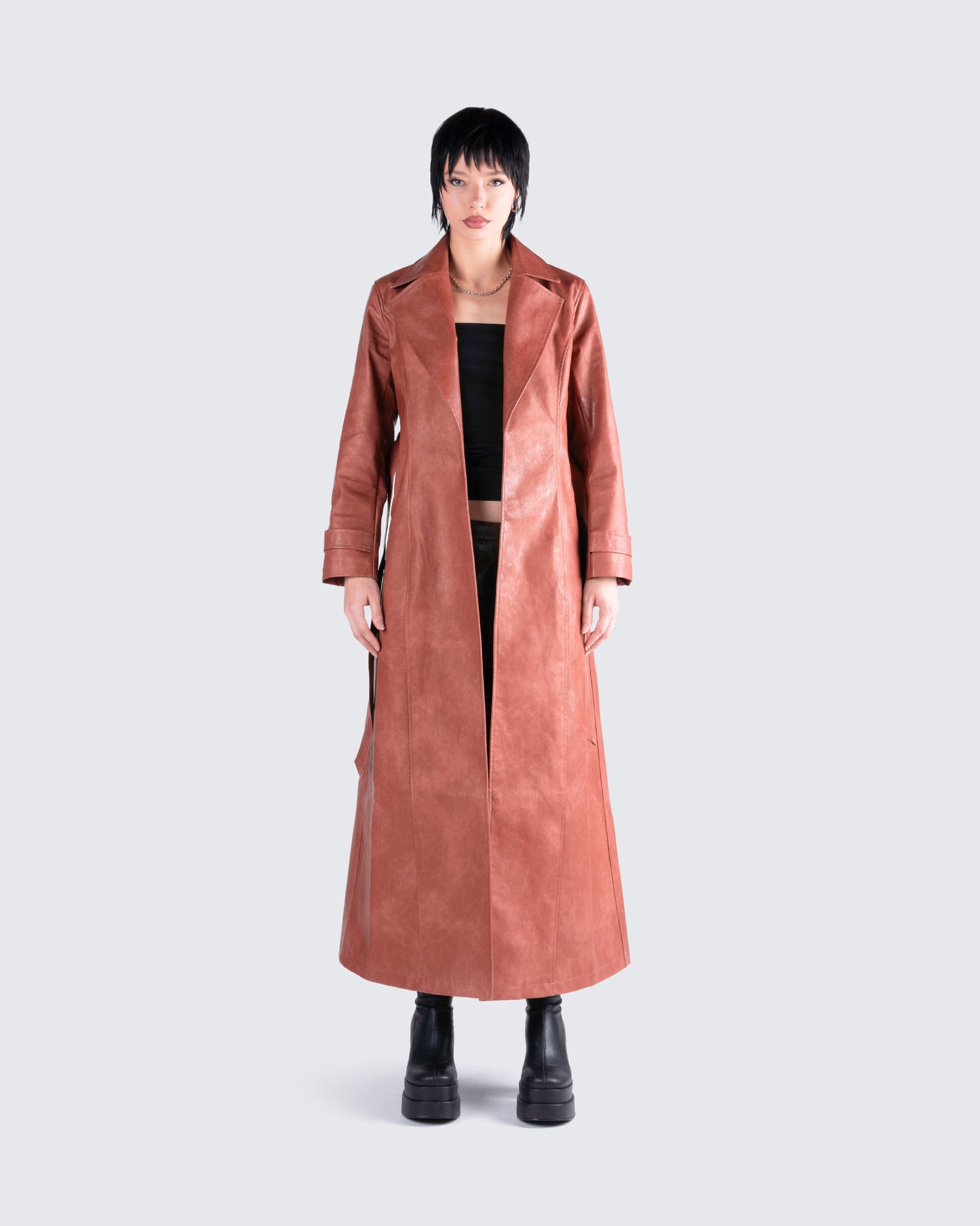 Lu Brown Vegan Leather Coat model front