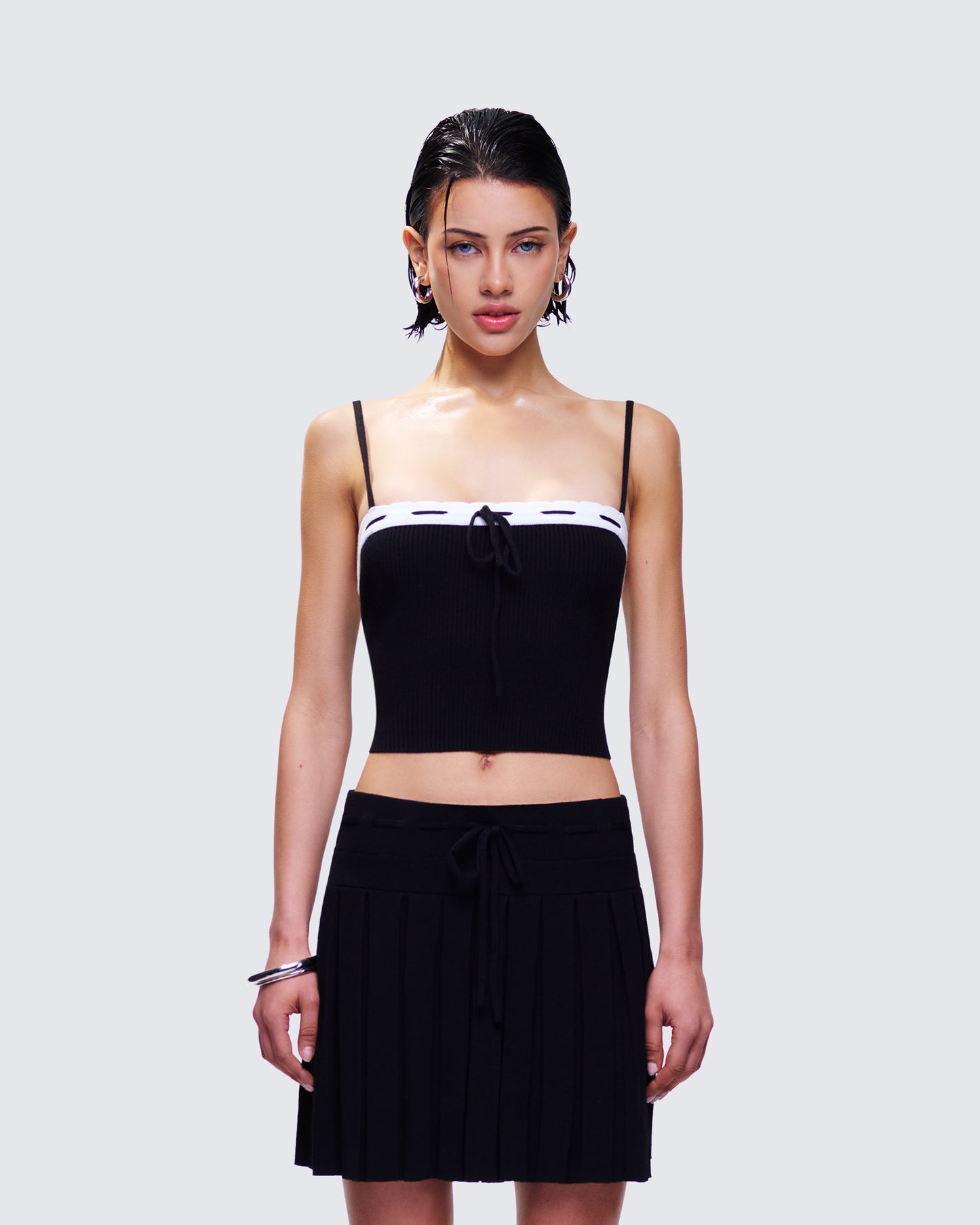 Lucien Black Ribbon Path Knitted Top model front