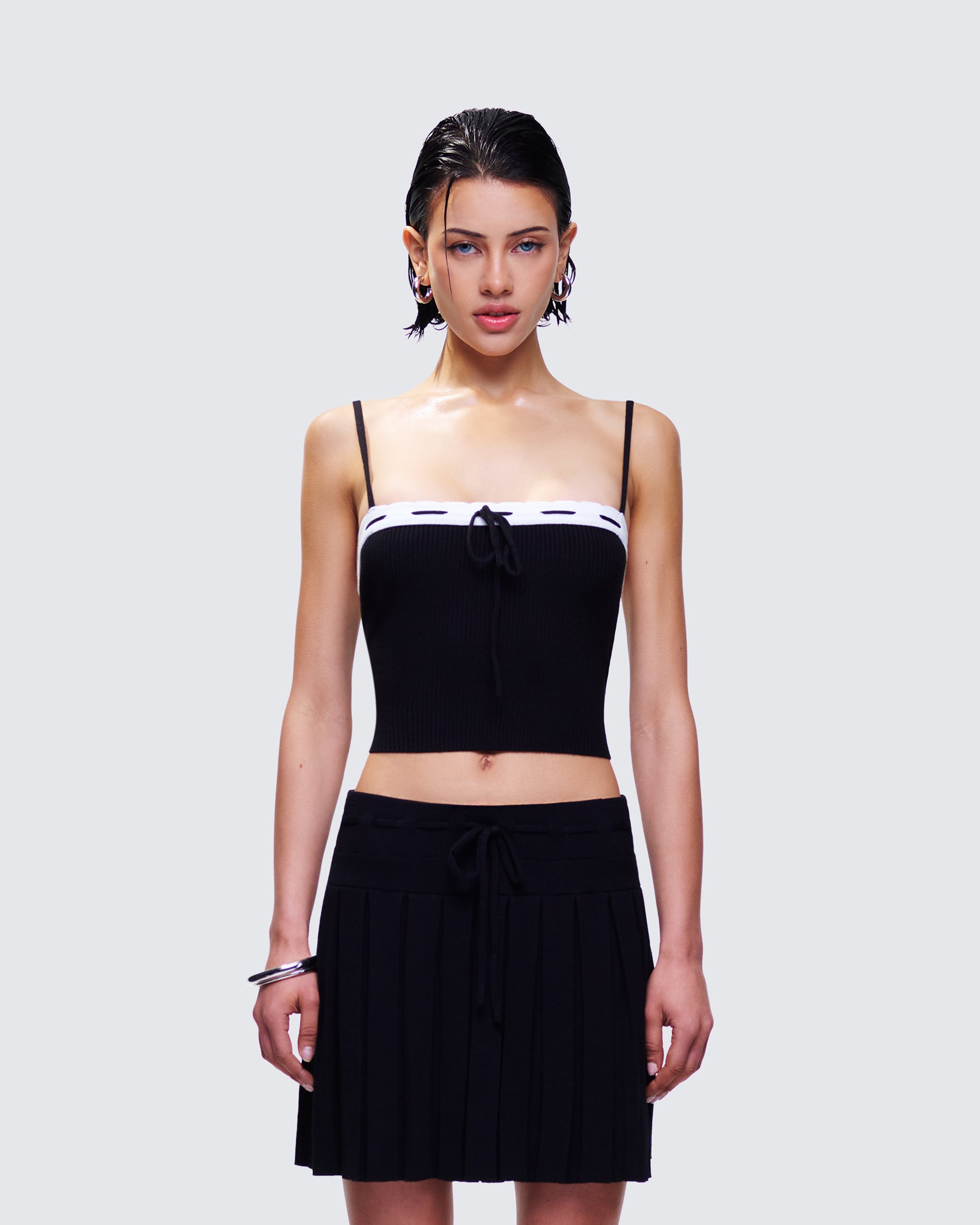 Lucien Black Ribbon Path Knitted Top model front