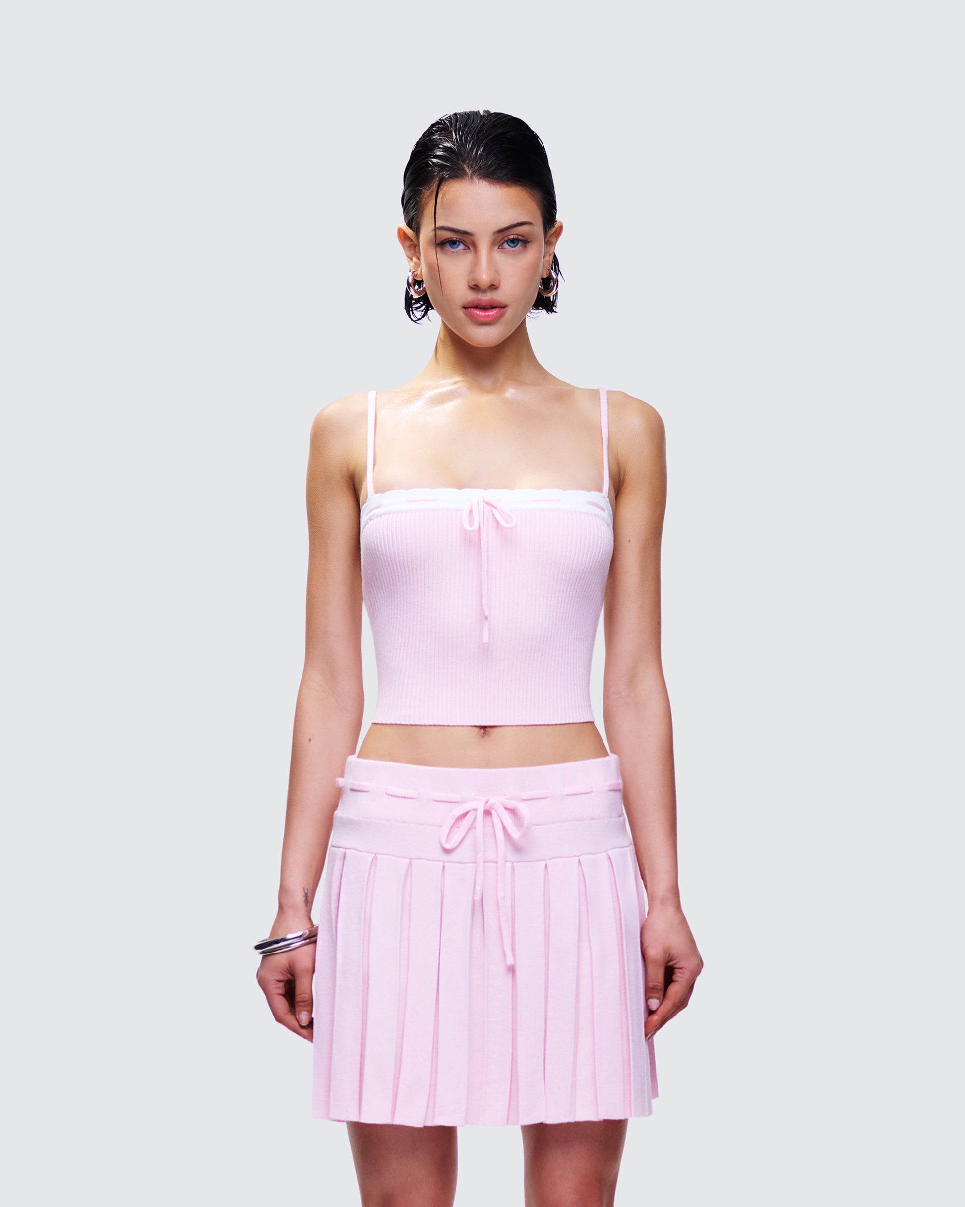 Lucien Pink Ribbon Path Knitted Top model front
