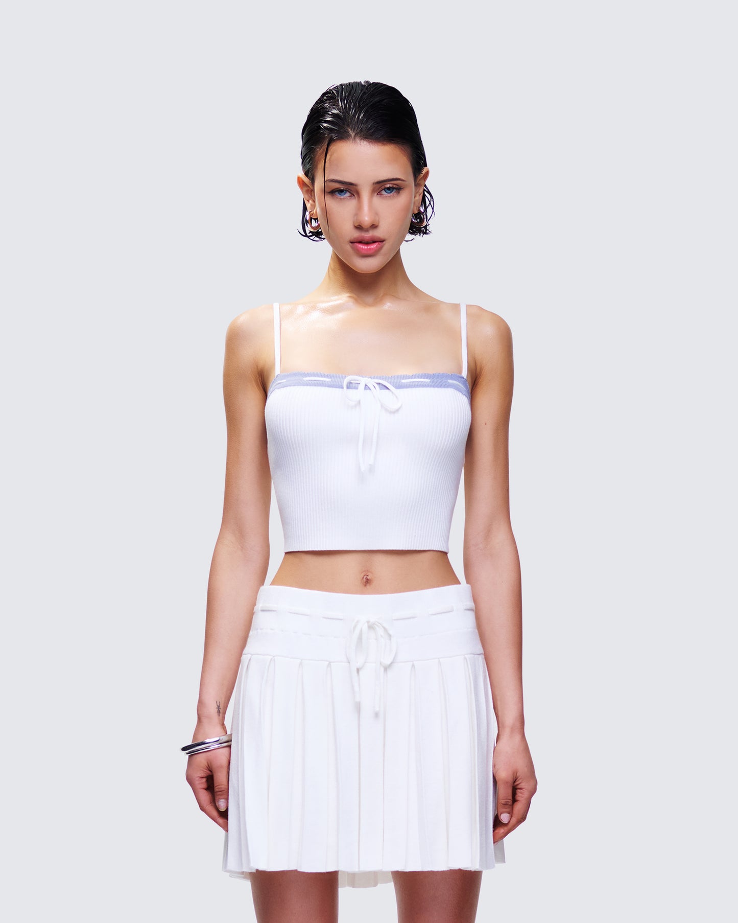 Lucien White Ribbon Path Knitted Top model front