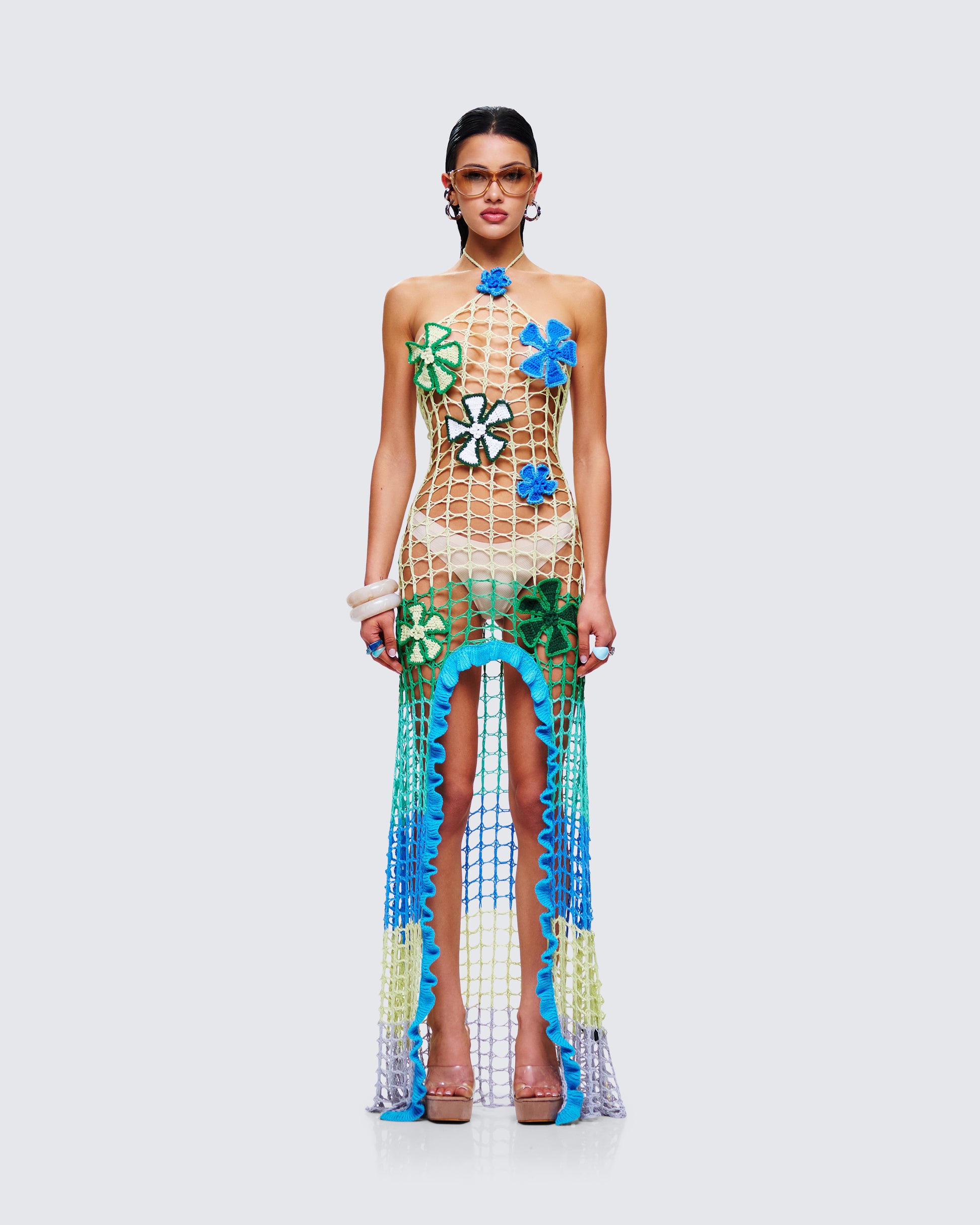 Mael Multi Crochet Floral Applique Dress model front