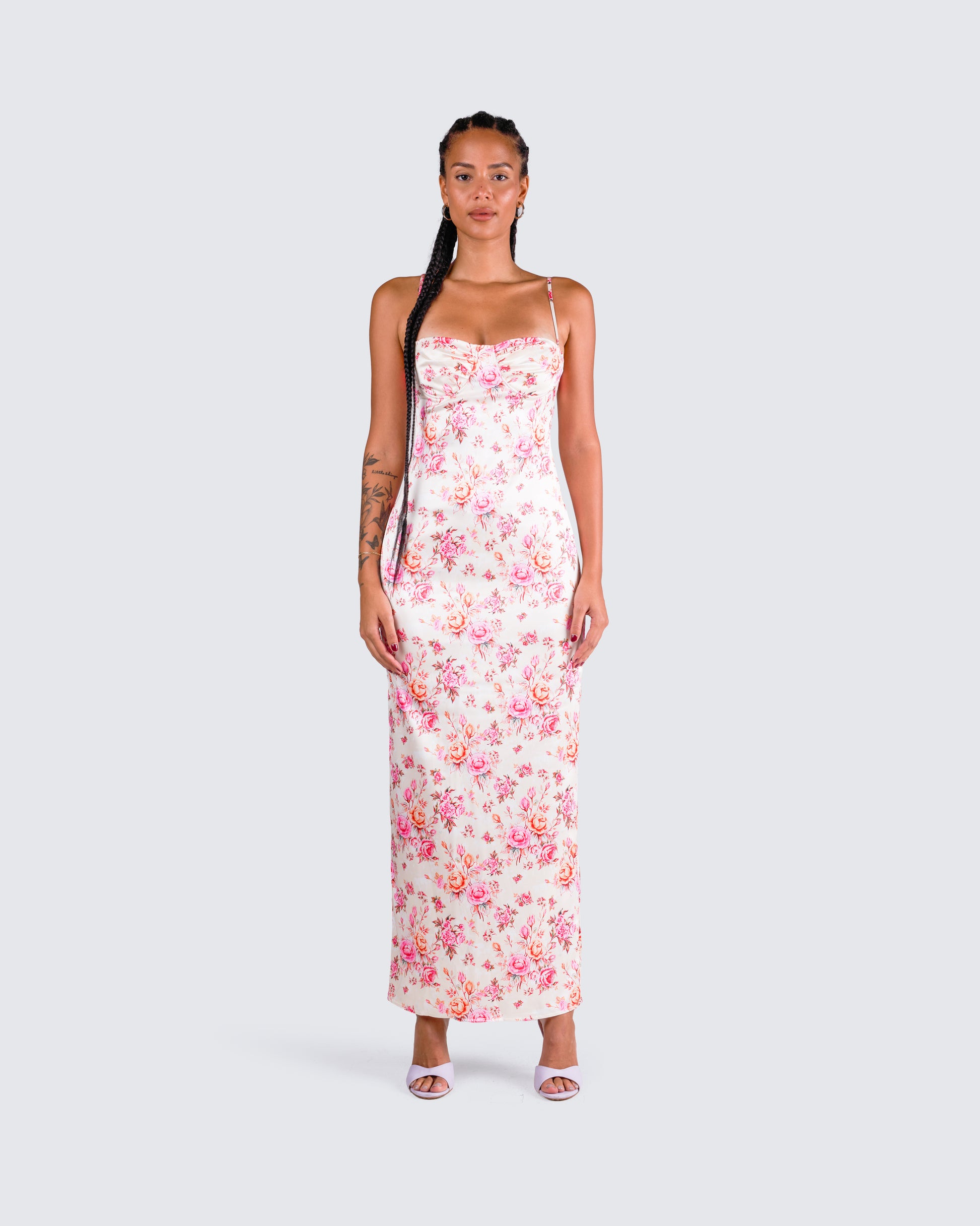 Maelle Ivory Flower Print Dress model front