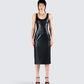 Maia Black Vegan Leather Midi Dress model front