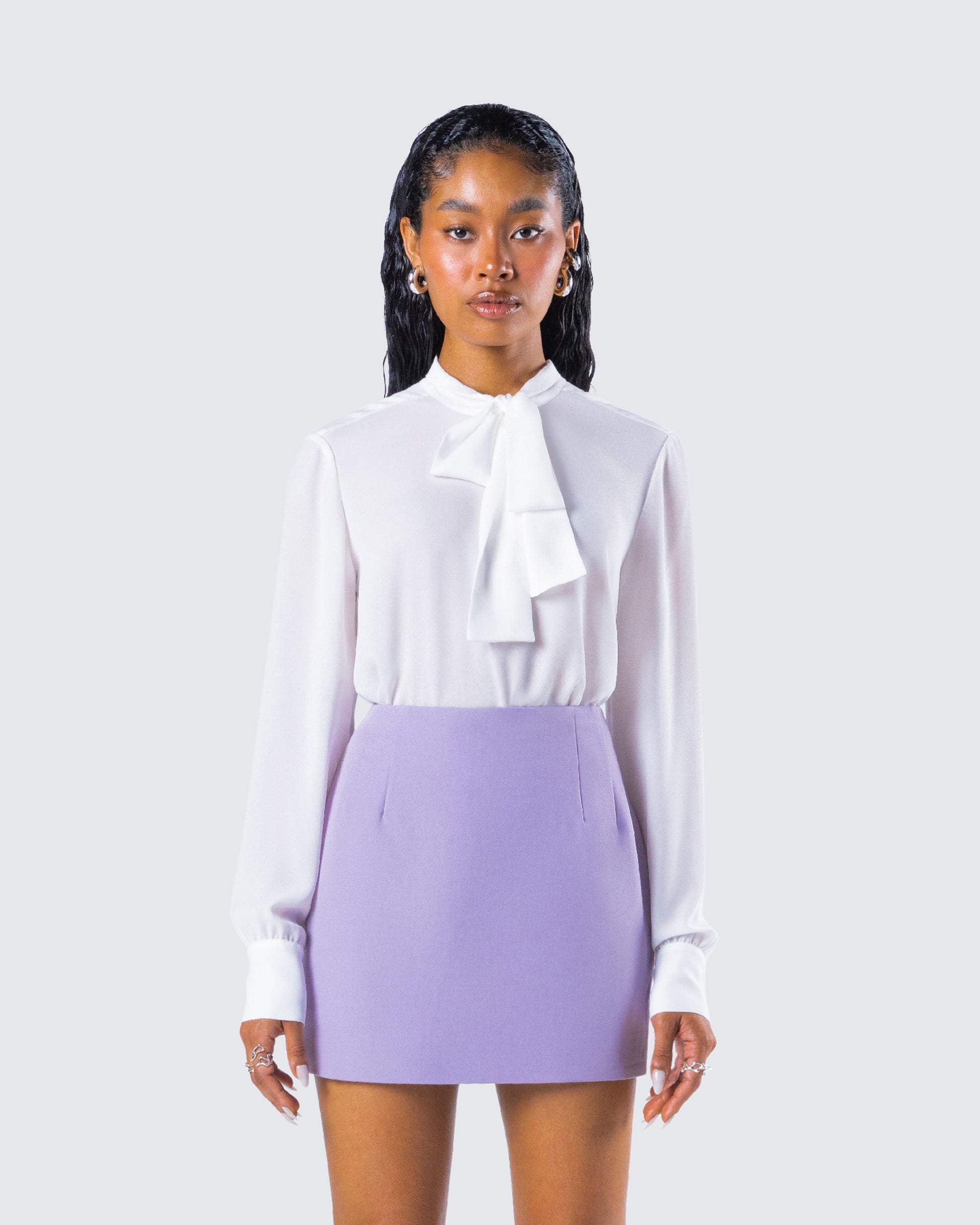Maia White Pussy Bow Blouse model front