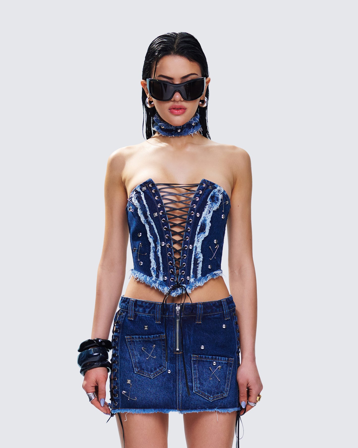 Maja Blue Denim Lace Up Corset Top model front