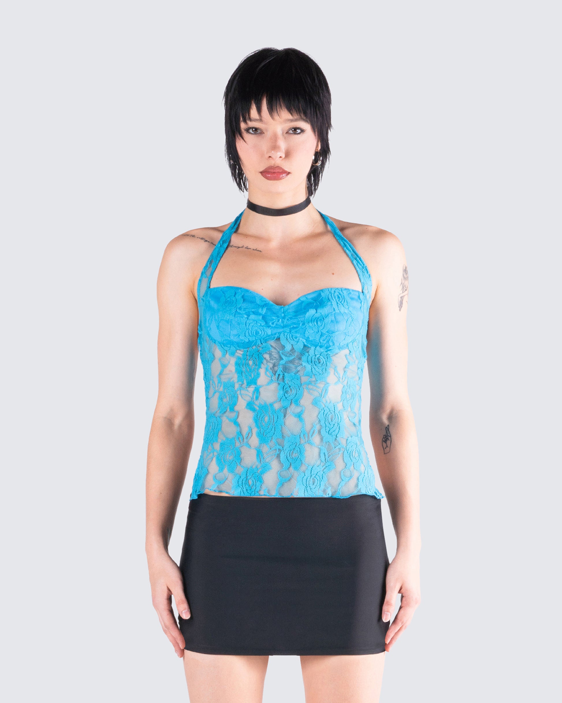 Mali Turquoise Lace Halter Top model front
