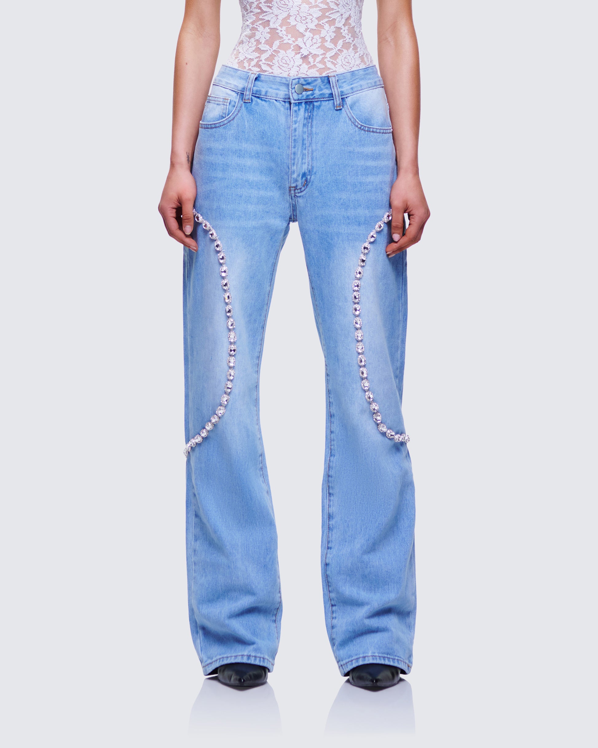 Margaux Blue Denim Diamanté Path Jean model front