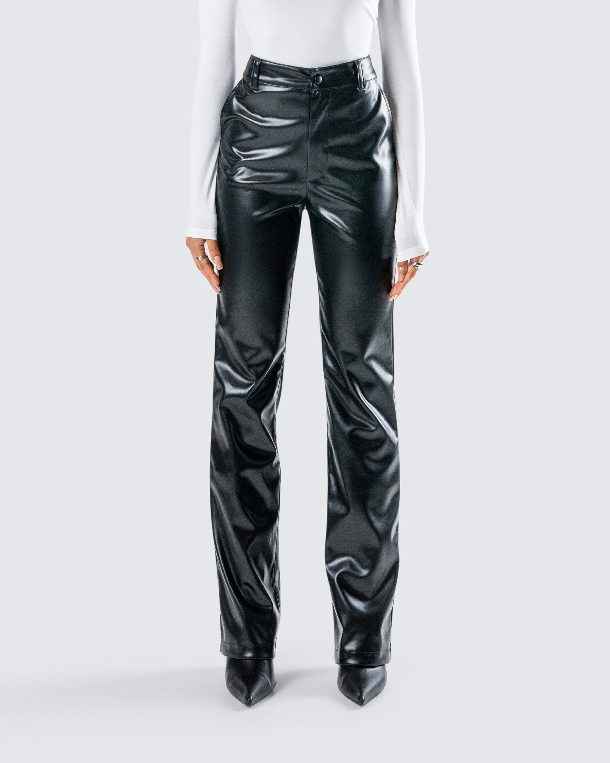 Mari Black Vegan Leather Pant model front