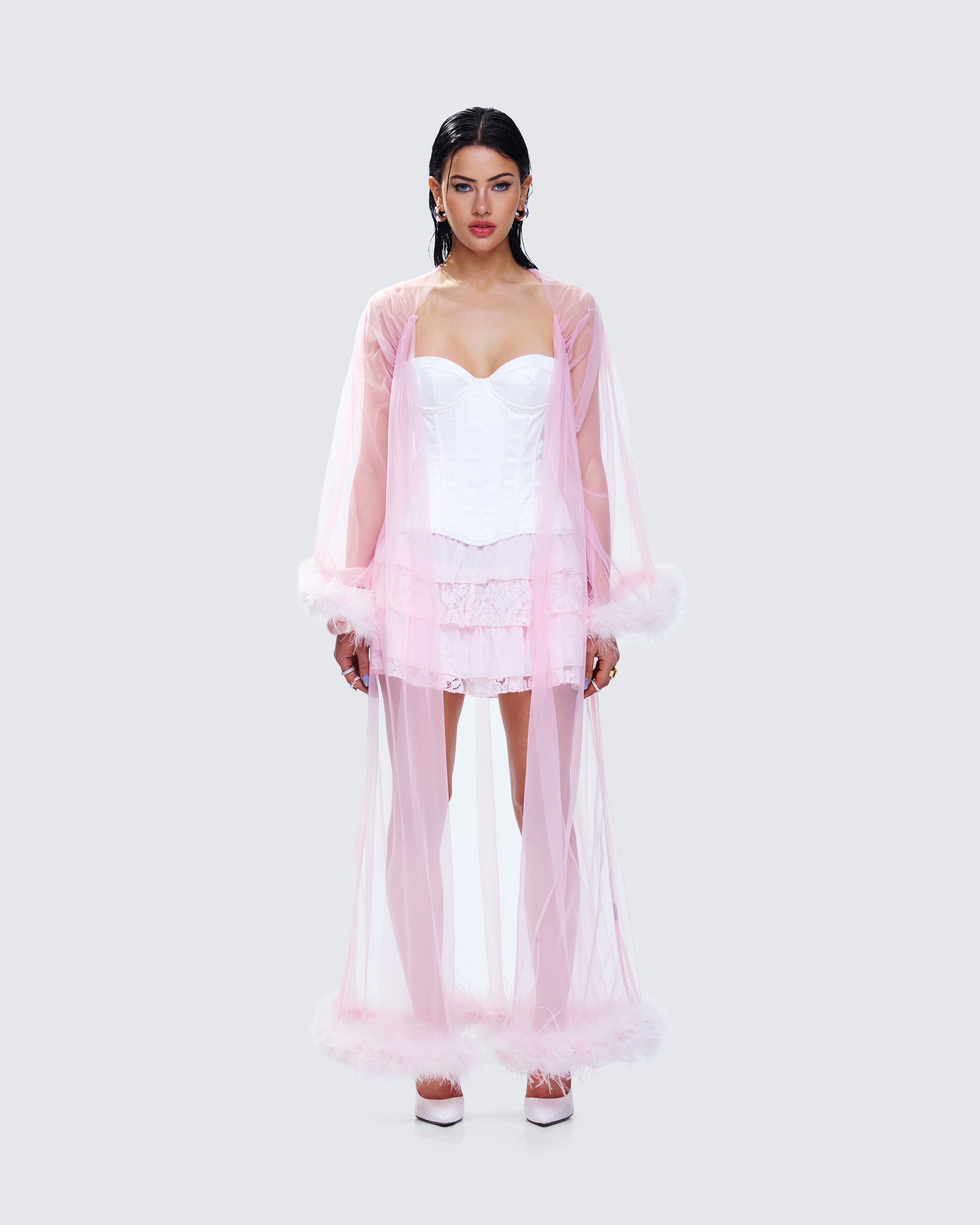 Maris Pink Feather Trim Robe model front