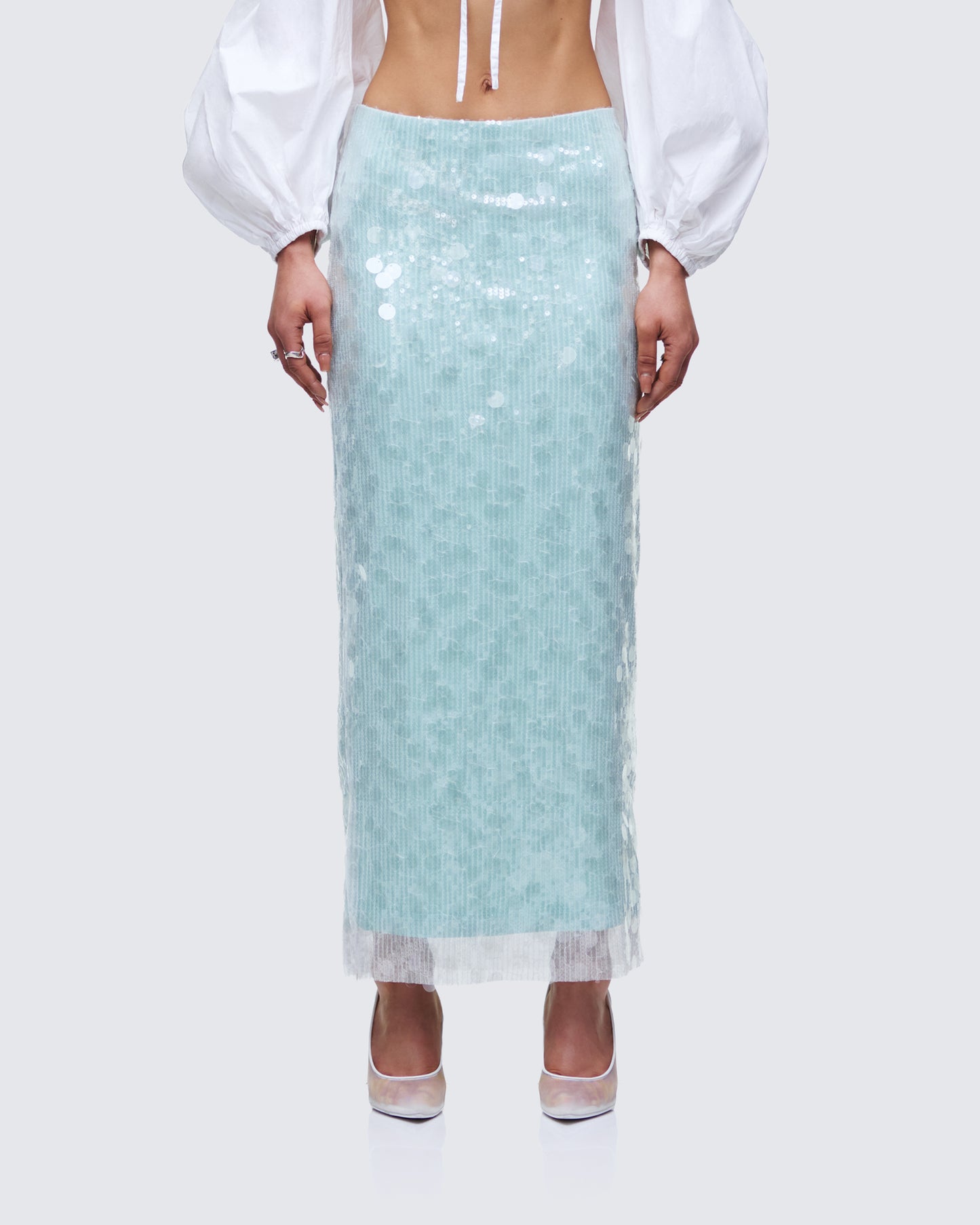 Marta Green Sequin Maxi Skirt model front