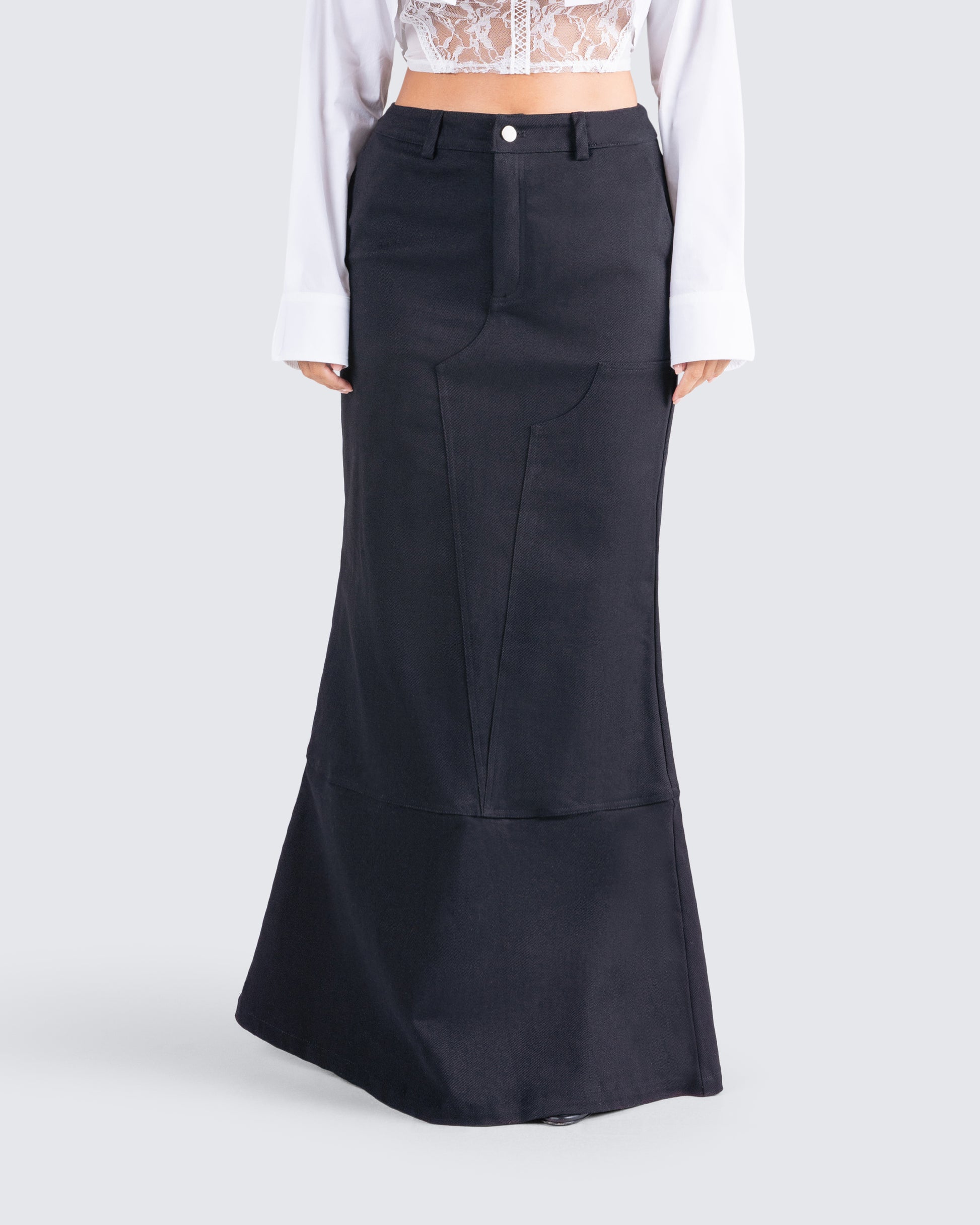 Martha Black Twill Maxi Skirt model front