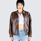 Maven Brown Vegan Leather Jacket model front