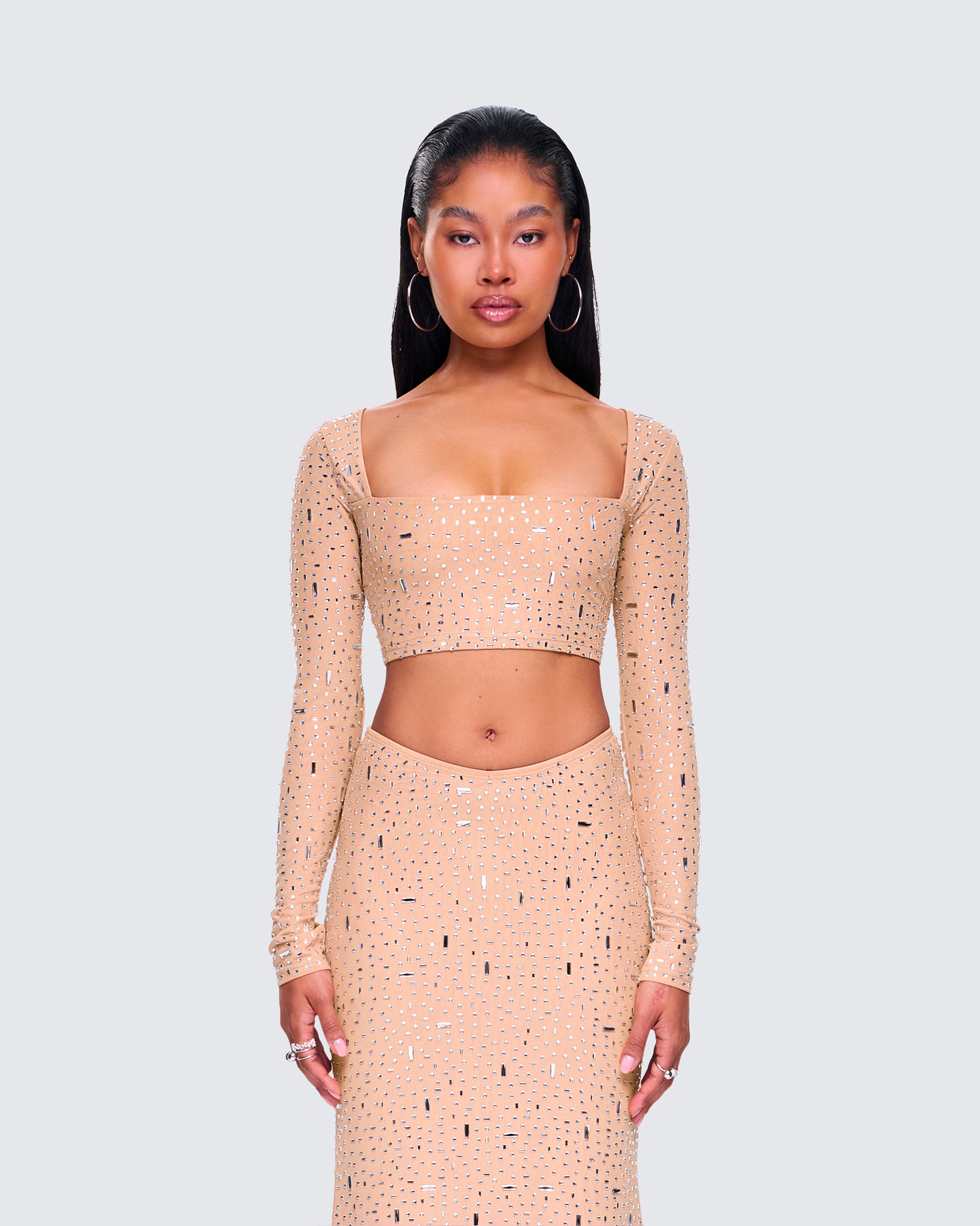 Maze Nude Rhinestone Crop Top model front