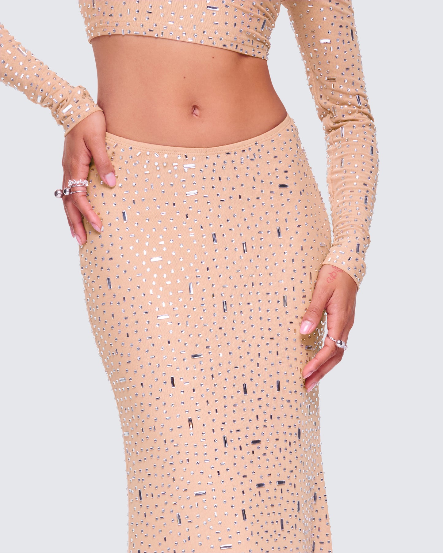 Maze Nude Rhinestone Maxi Skirt