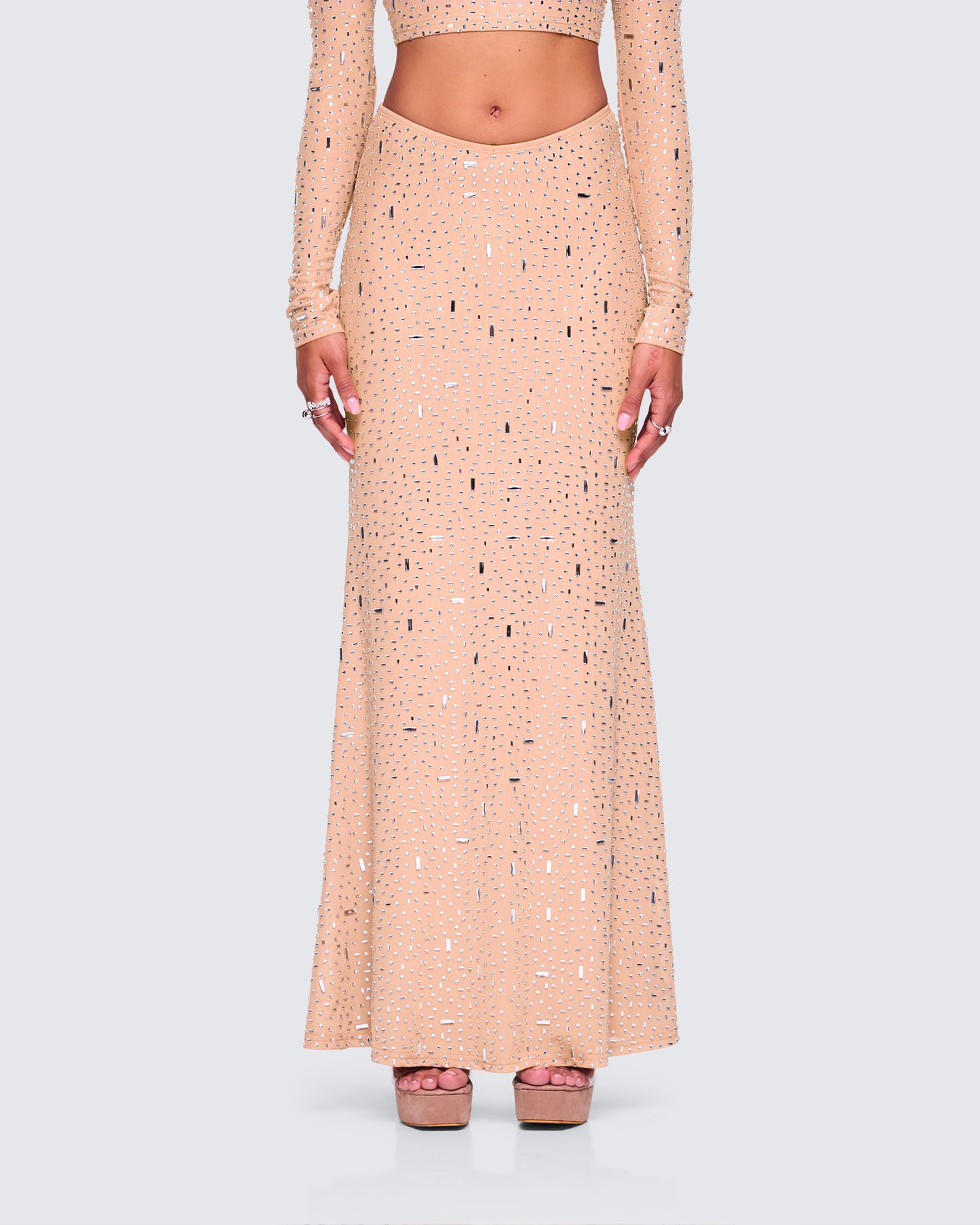 Maze Nude Rhinestone Maxi Skirt model front