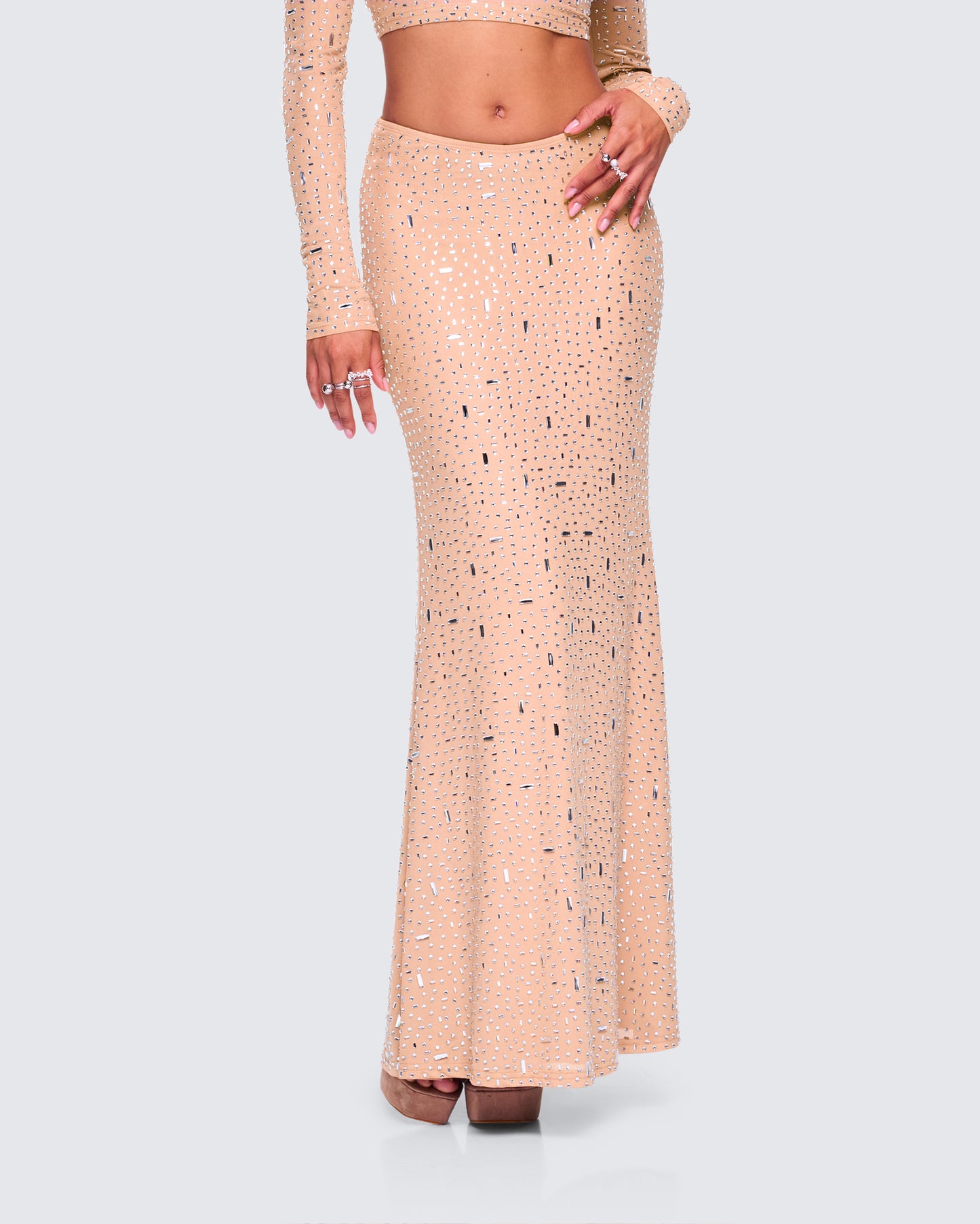 Maze Nude Rhinestone Maxi Skirt