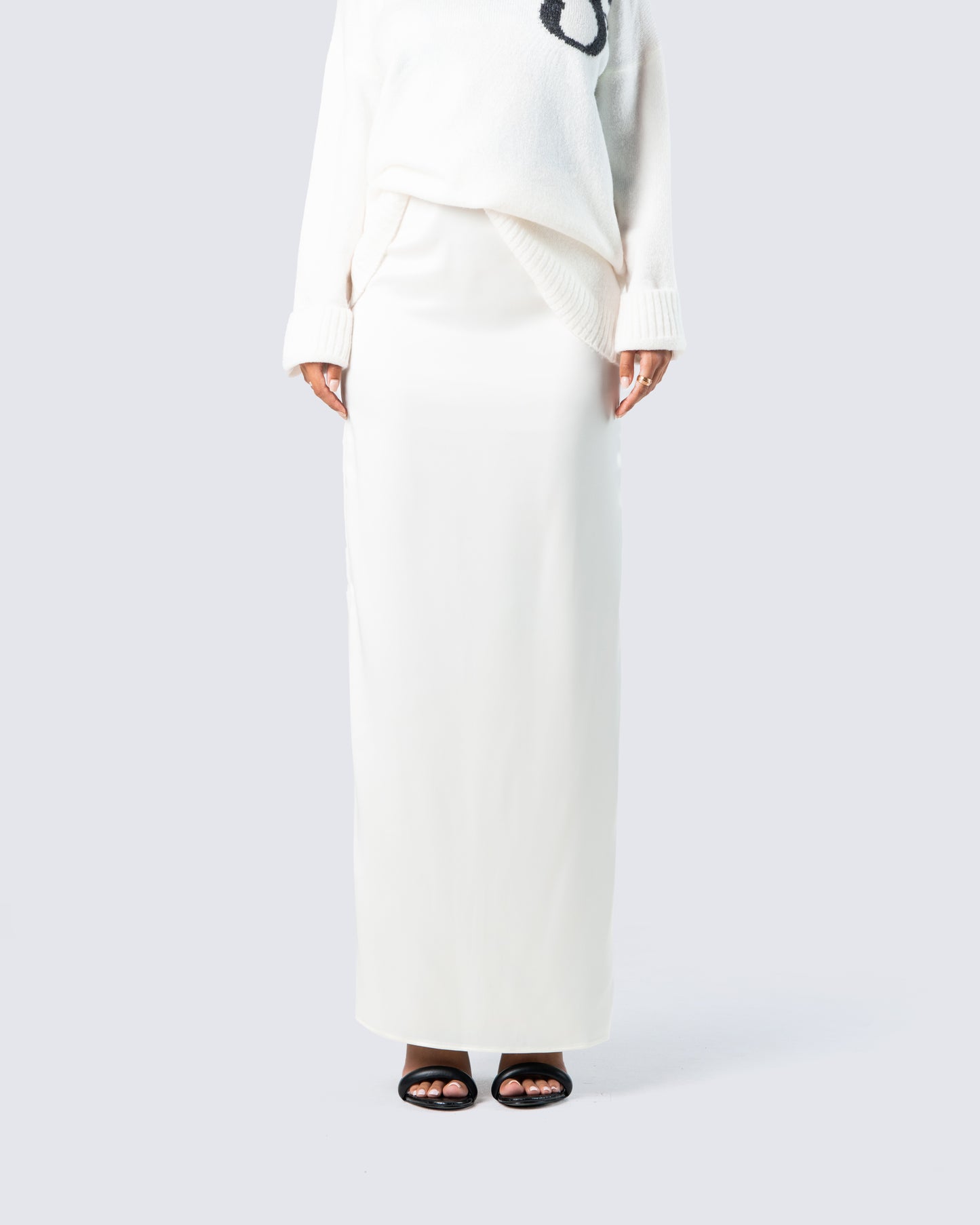 Mackenna Ivory Satin Maxi Skirt model front