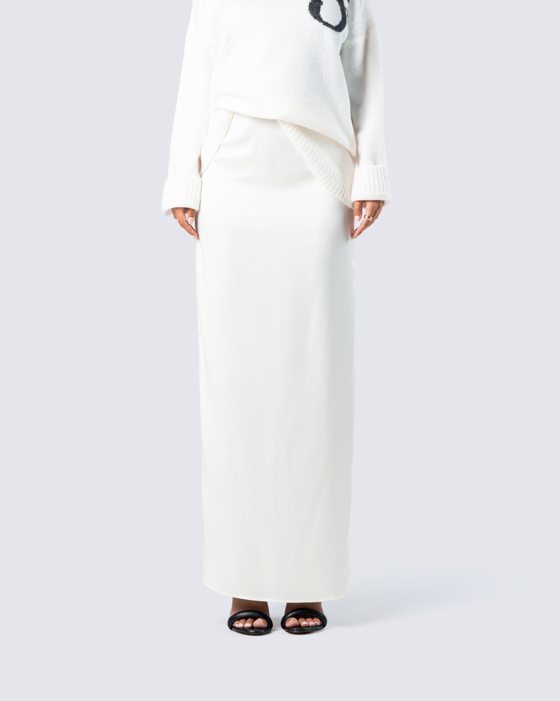 Mackenna Ivory Satin Maxi Skirt model front