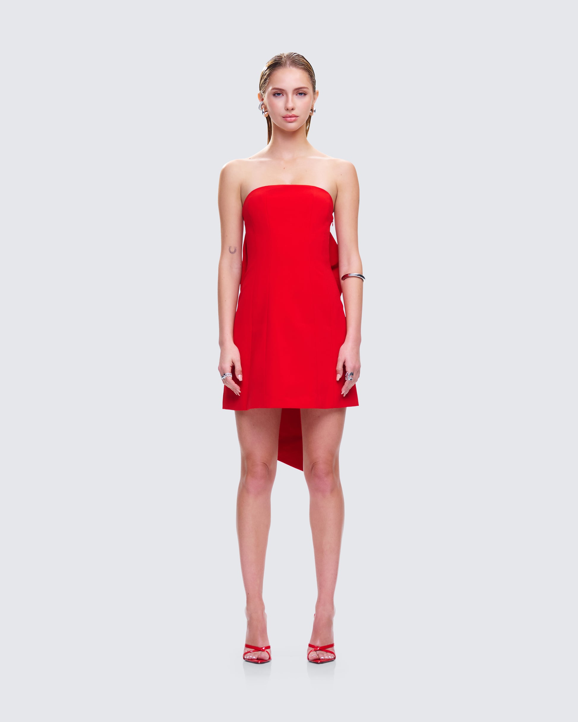 McKay Red Strapless Bow Mini Dress model front