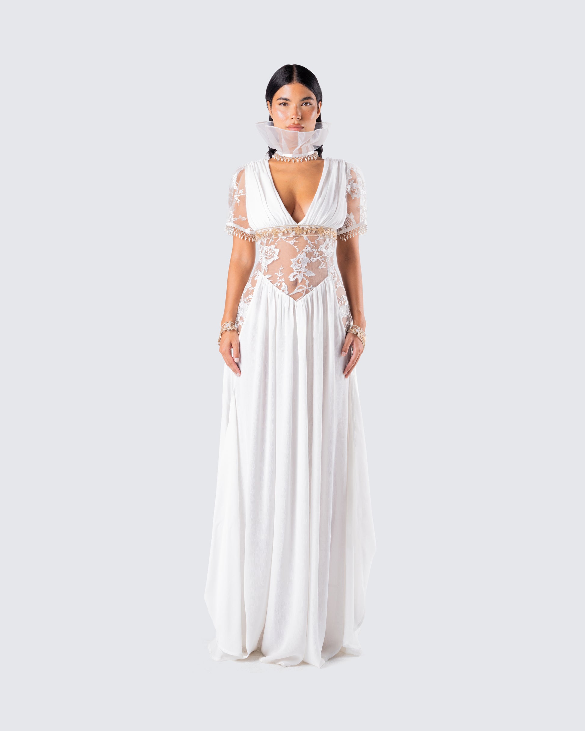 Melora White Maxi Dress & Collar model front