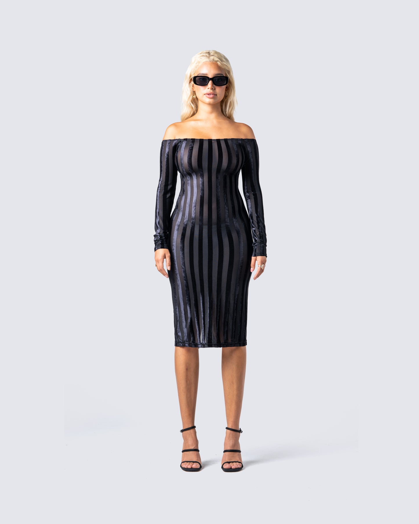 Meritt Black Stripe Midi Dress model front