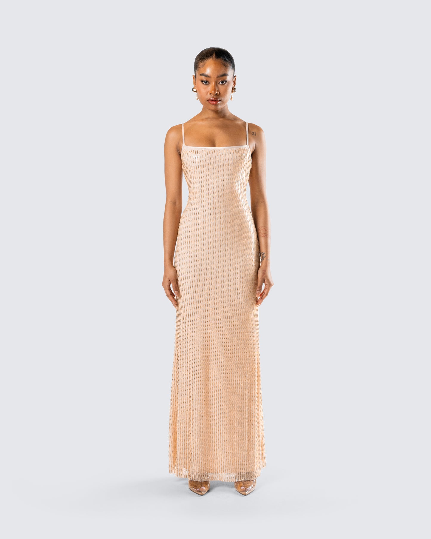 Michal Gold Sequin Maxi Dress model front