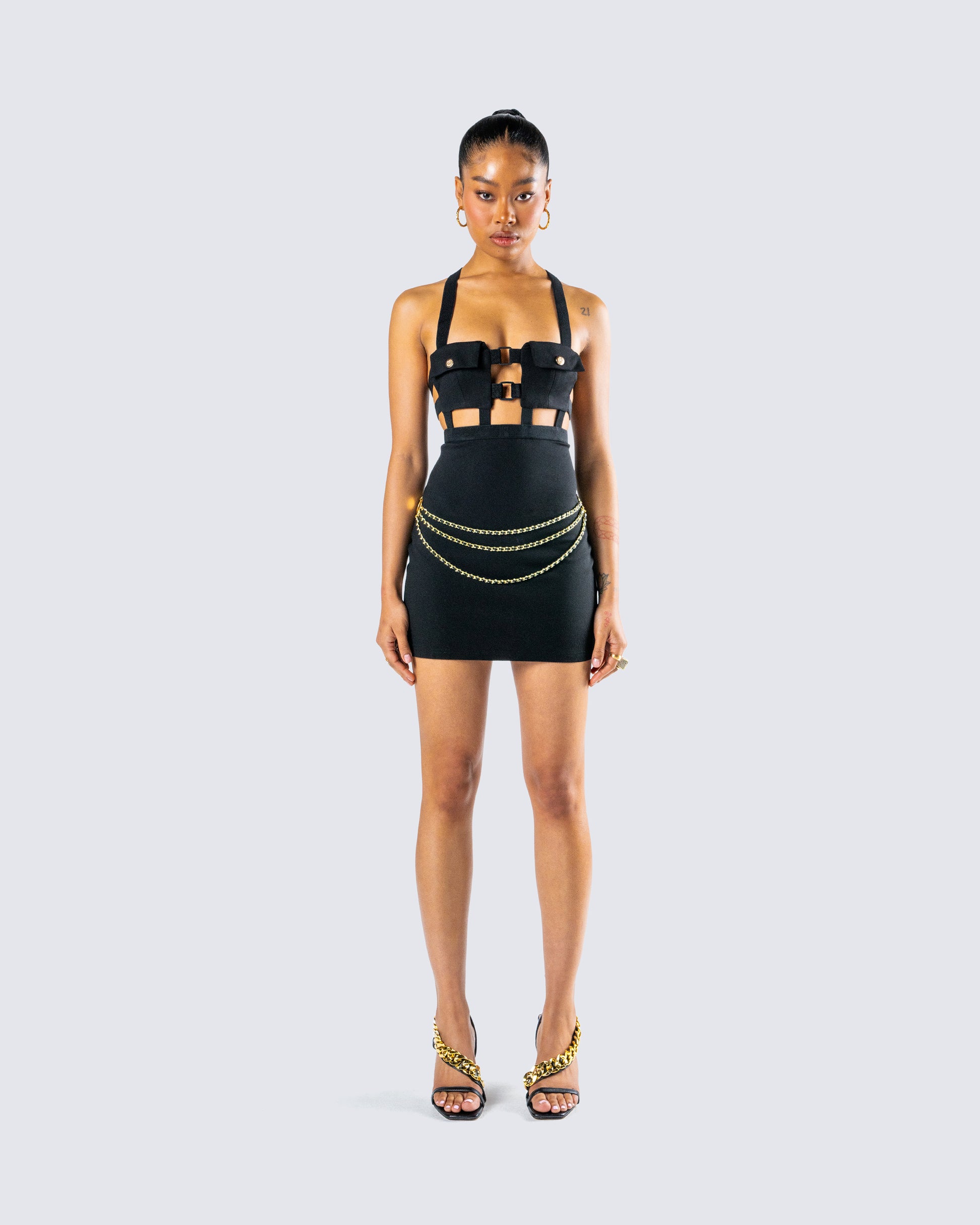 Miranda Black Ponte Mini Dress model front