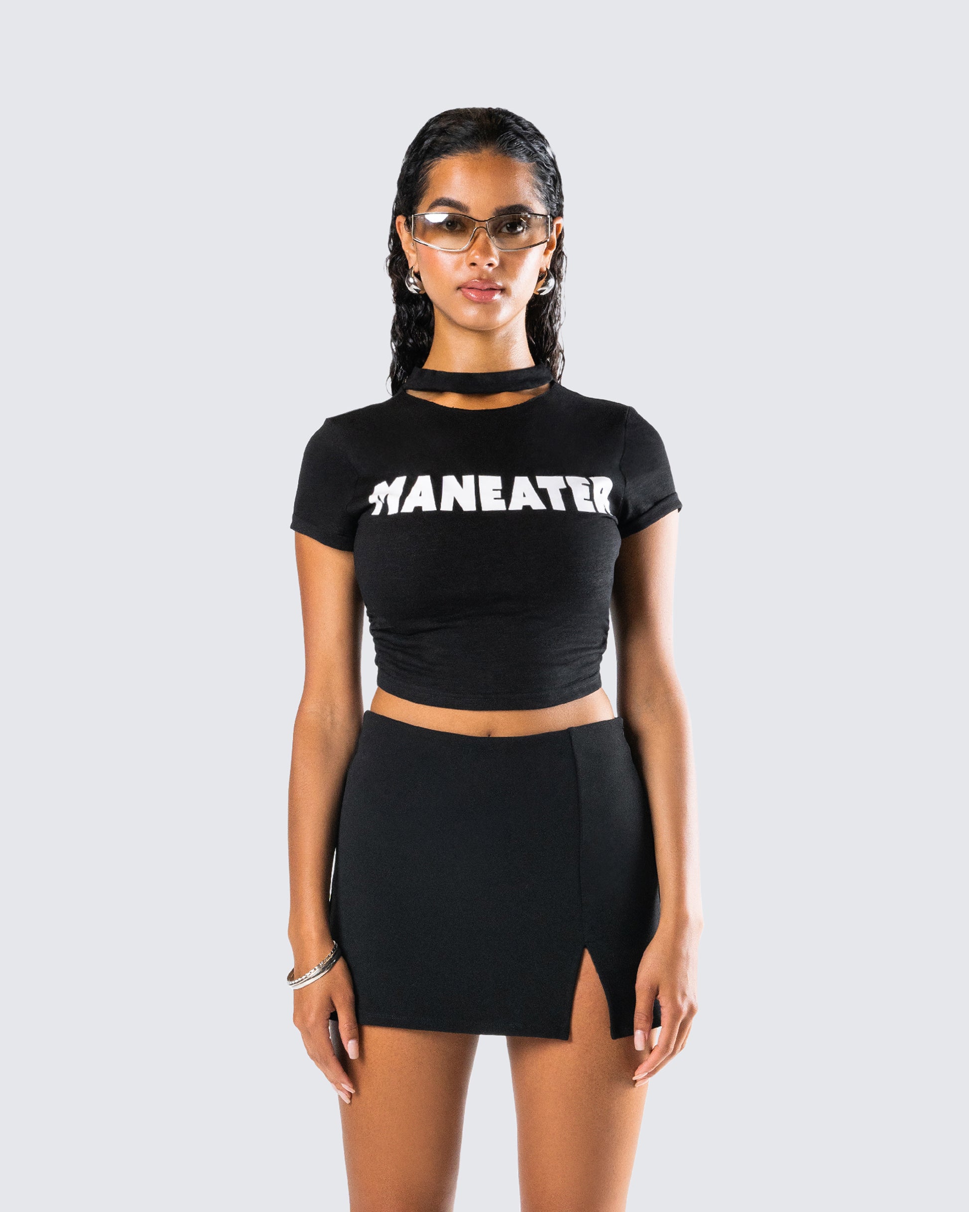 Monte Black Jersey Graphic Top model front