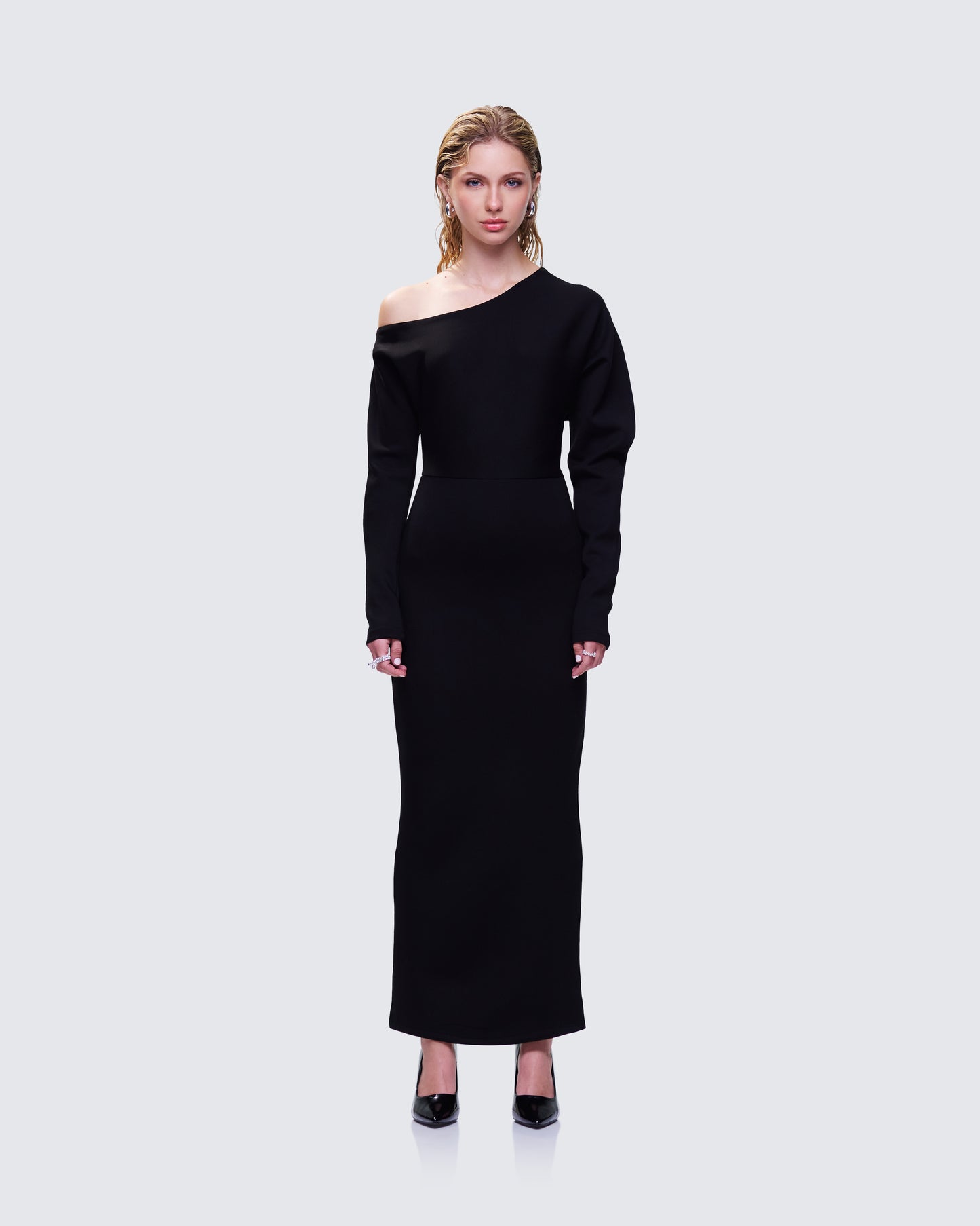 Morwena Black Off Shoulder Maxi Dress model front