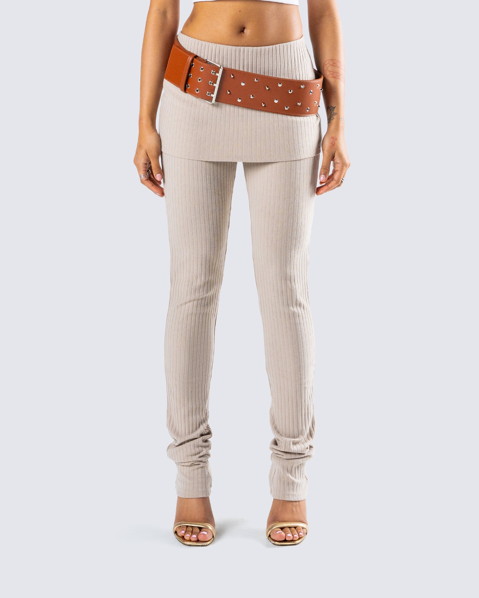 Myka Beige Rib Foldover Legging model front