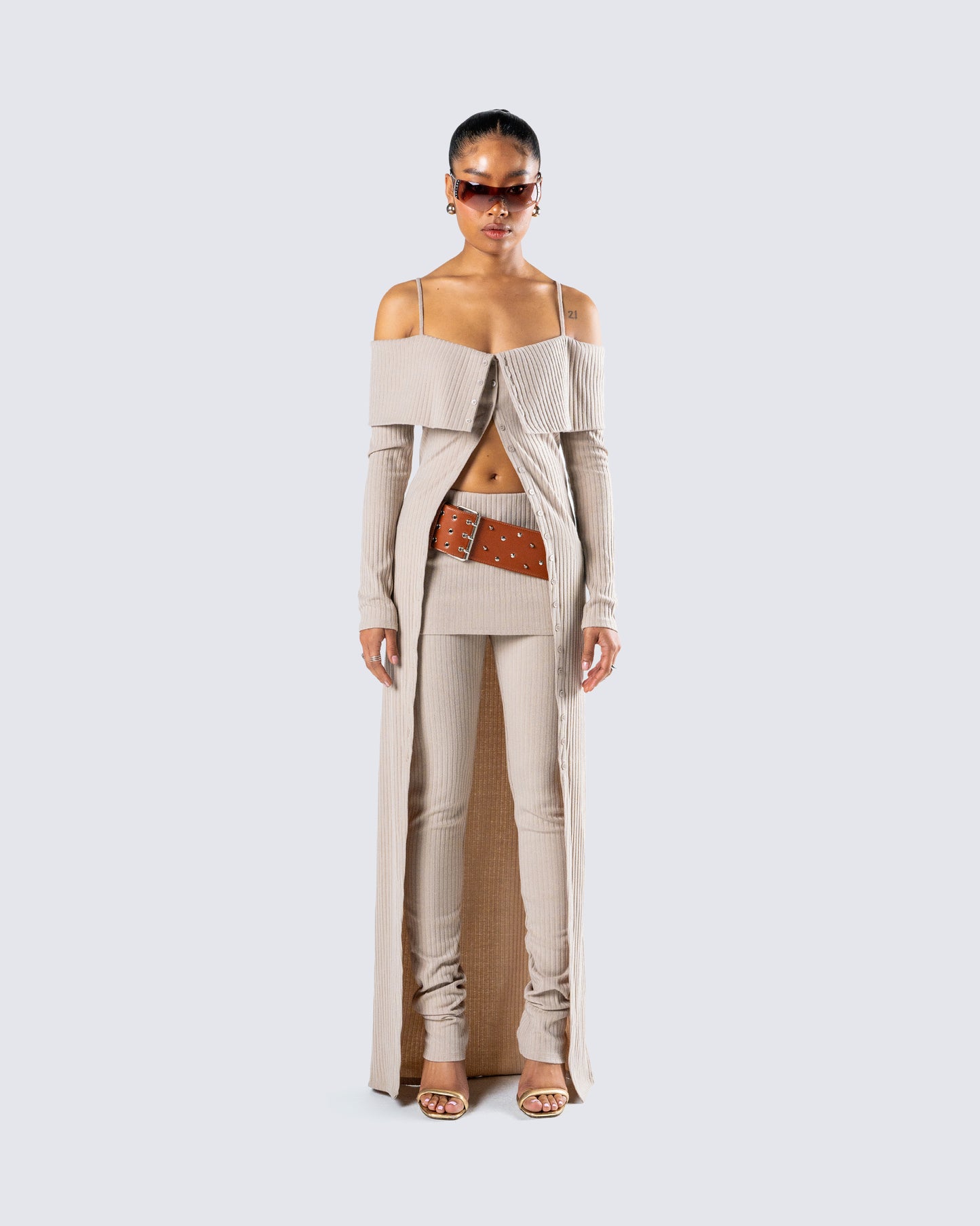 Myka Beige Rib Long Cardigan model front
