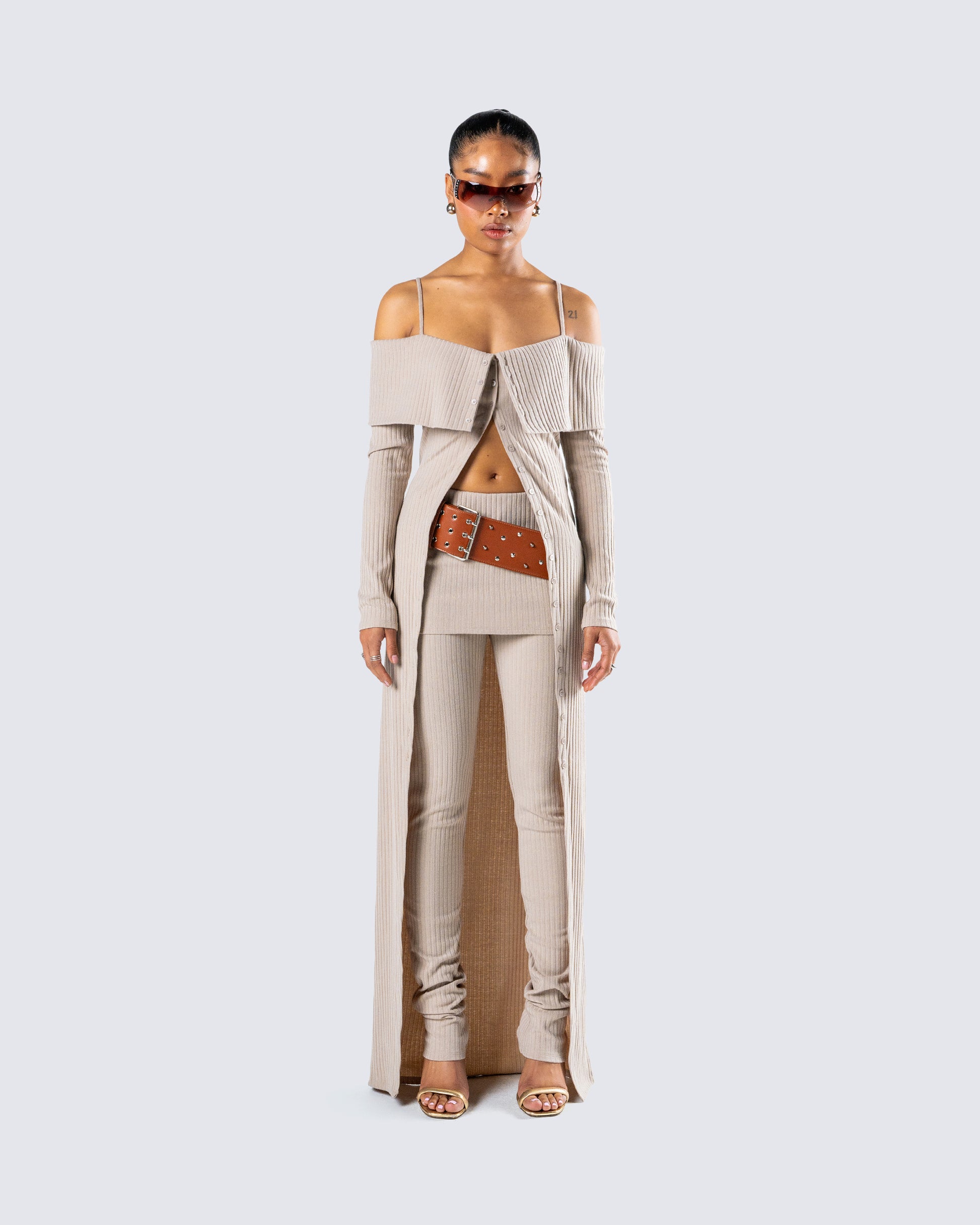 Myka Beige Rib Long Cardigan model front